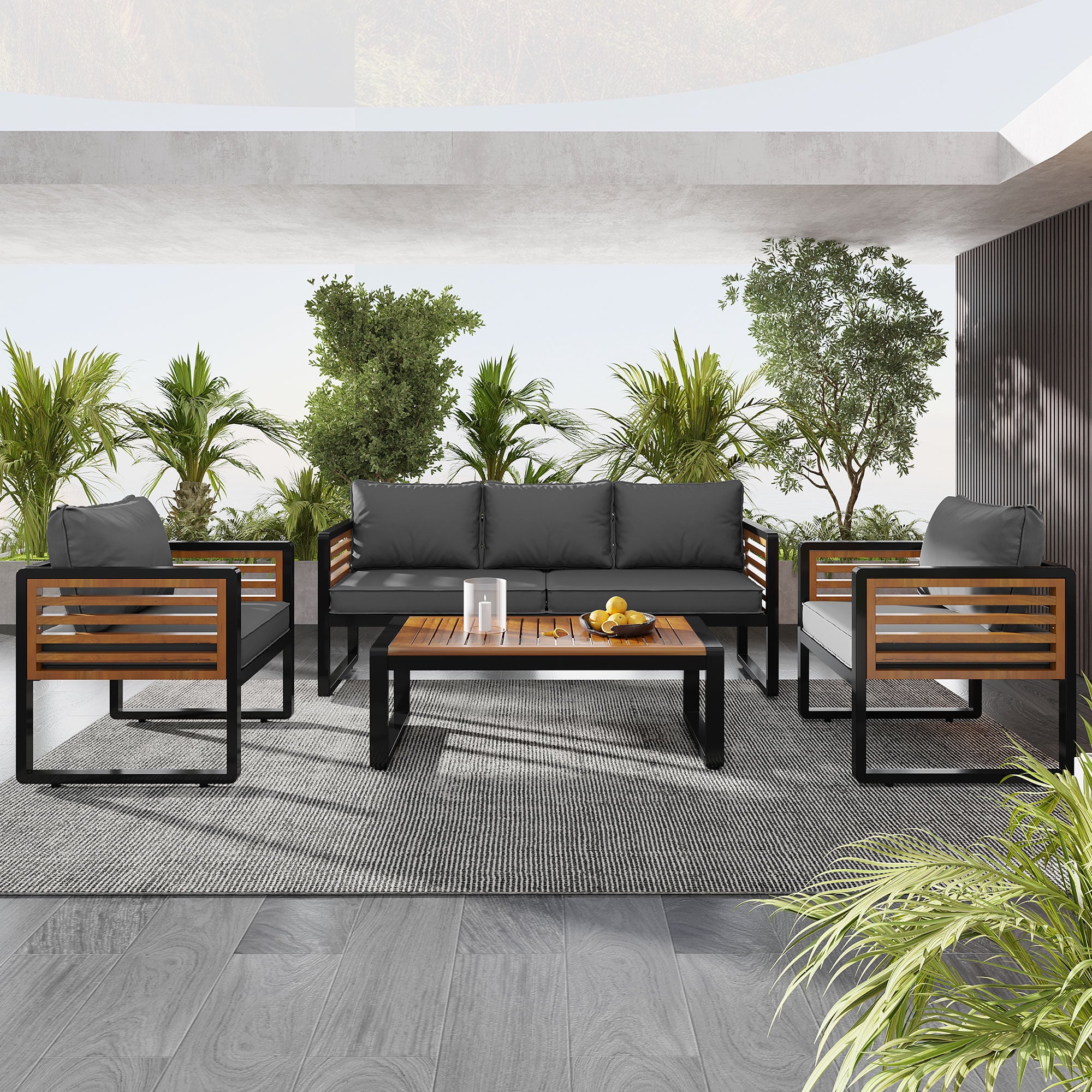4-Piece Black Metal and Wood Frame Outdoor Furniture Sofa Patio Conversation Set with Gray Cushions  BOGOPCS03GR
