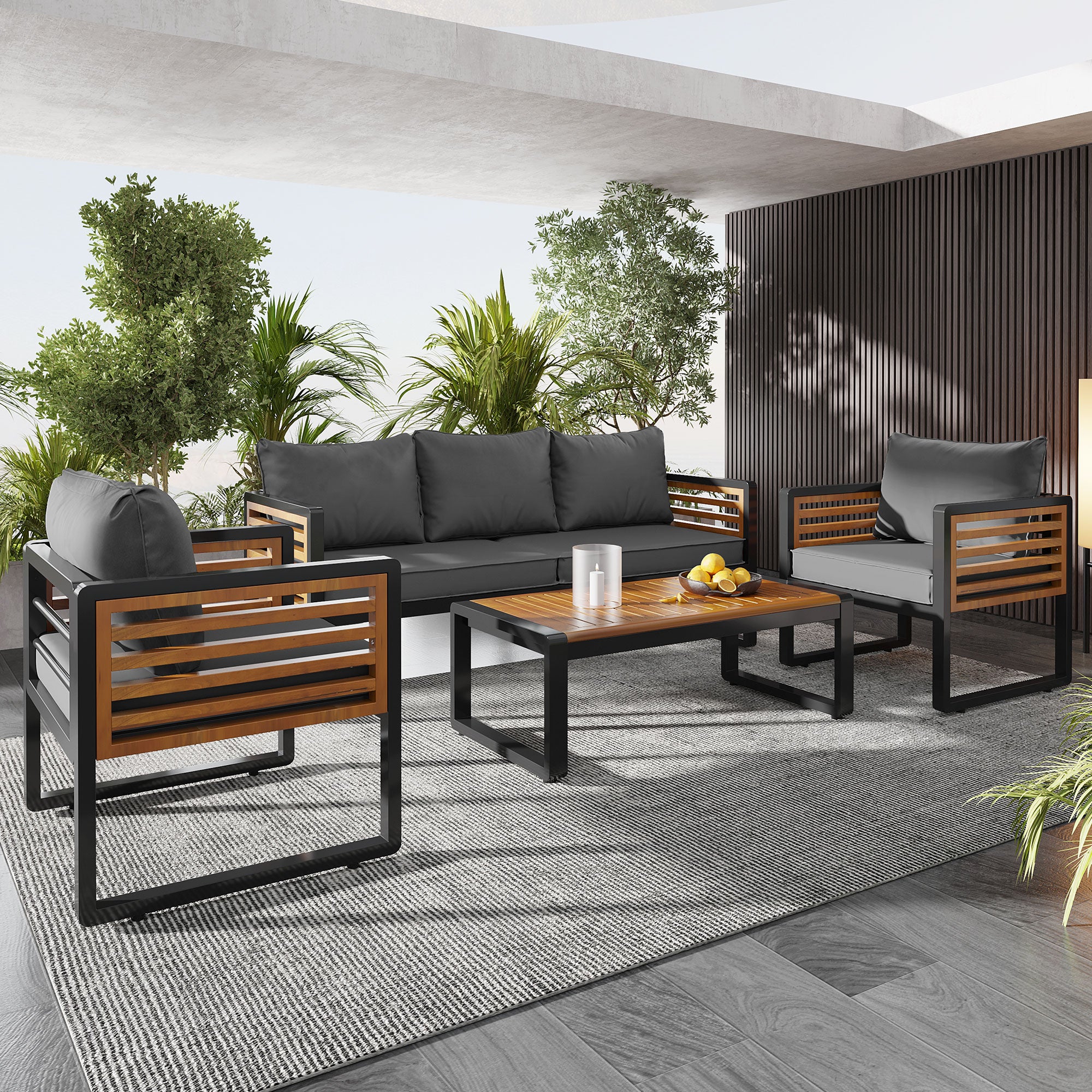 4-Piece Black Metal and Wood Frame Outdoor Furniture Sofa Patio Conversation Set with Gray Cushions  BOGOPCS03GR