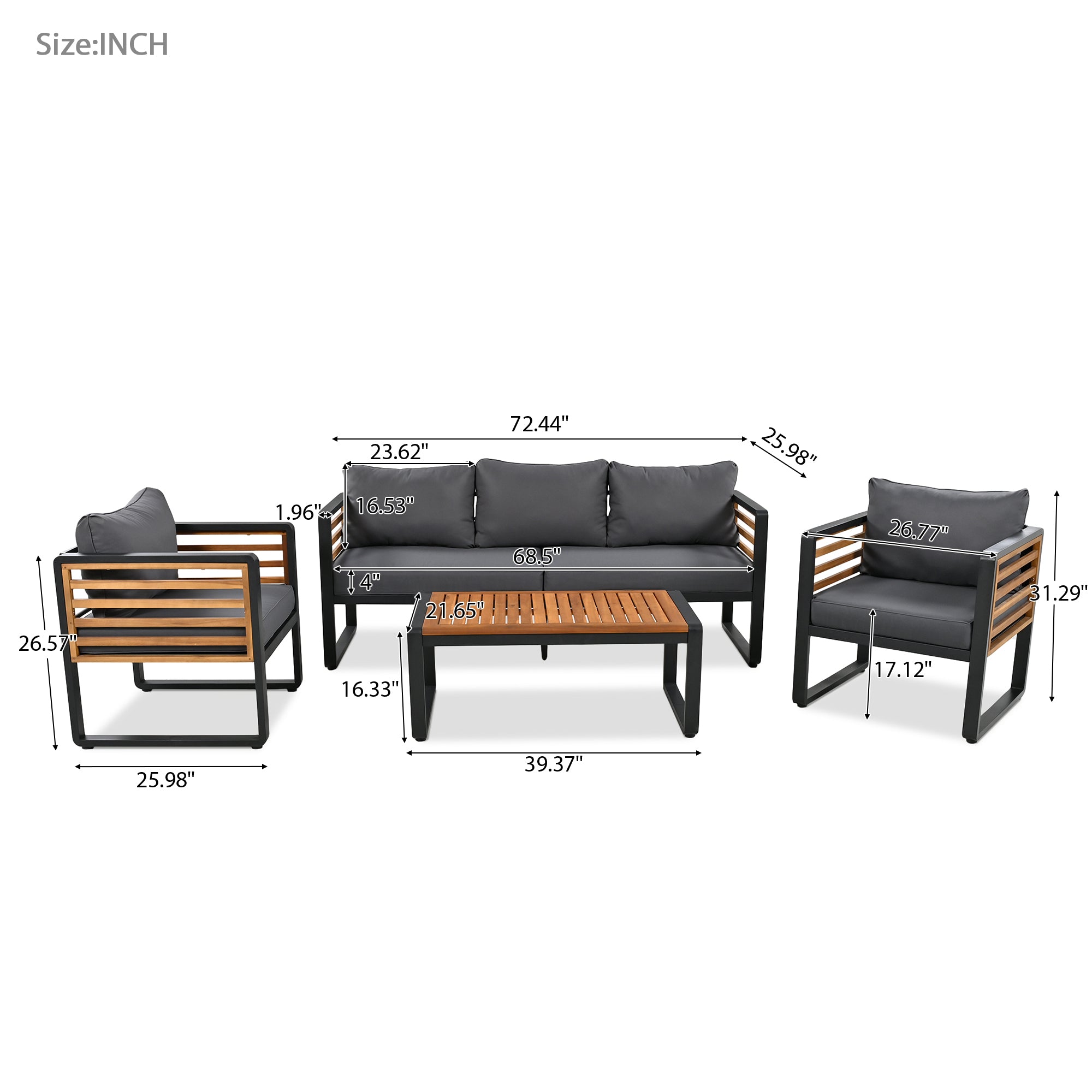 4-Piece Black Metal and Wood Frame Outdoor Furniture Sofa Patio Conversation Set with Gray Cushions  BOGOPCS03GR