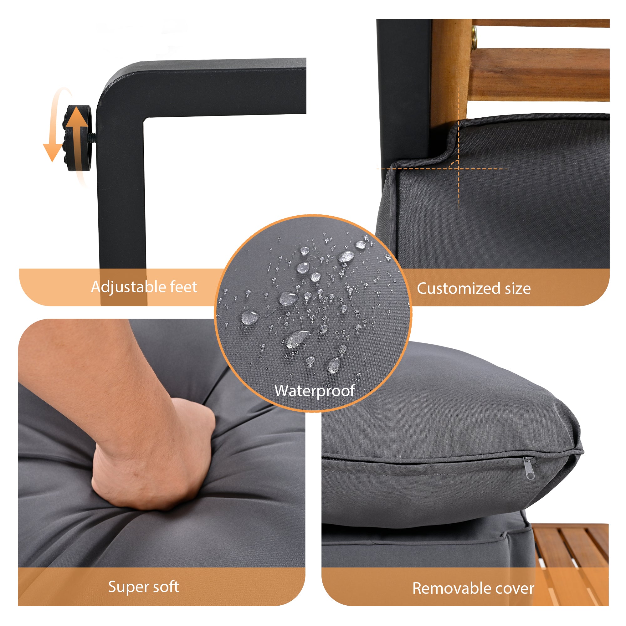 4-Piece Black Metal and Wood Frame Outdoor Furniture Sofa Patio Conversation Set with Gray Cushions  BOGOPCS03GR