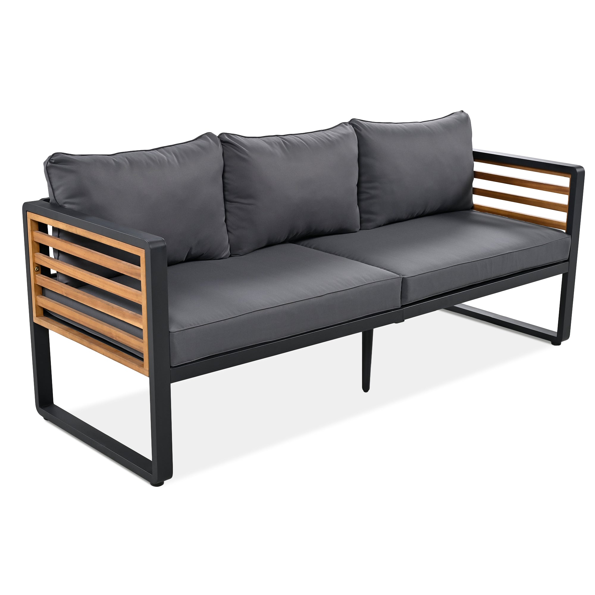 4-Piece Black Metal and Wood Frame Outdoor Furniture Sofa Patio Conversation Set with Gray Cushions  BOGOPCS03GR
