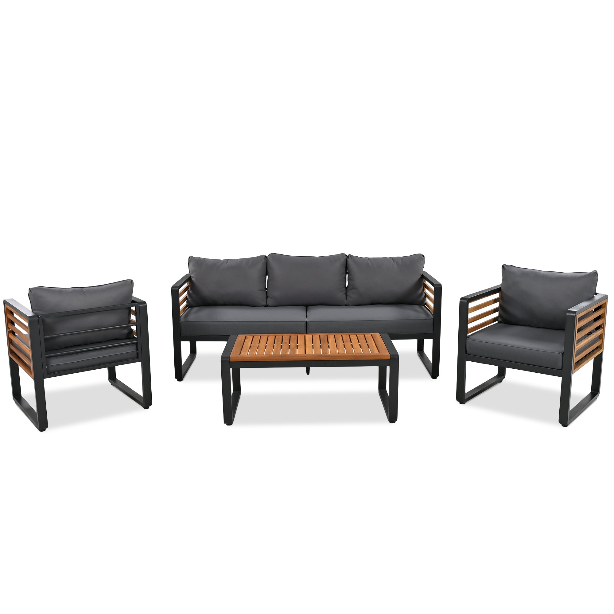 4-Piece Black Metal and Wood Frame Outdoor Furniture Sofa Patio Conversation Set with Gray Cushions  BOGOPCS03GR