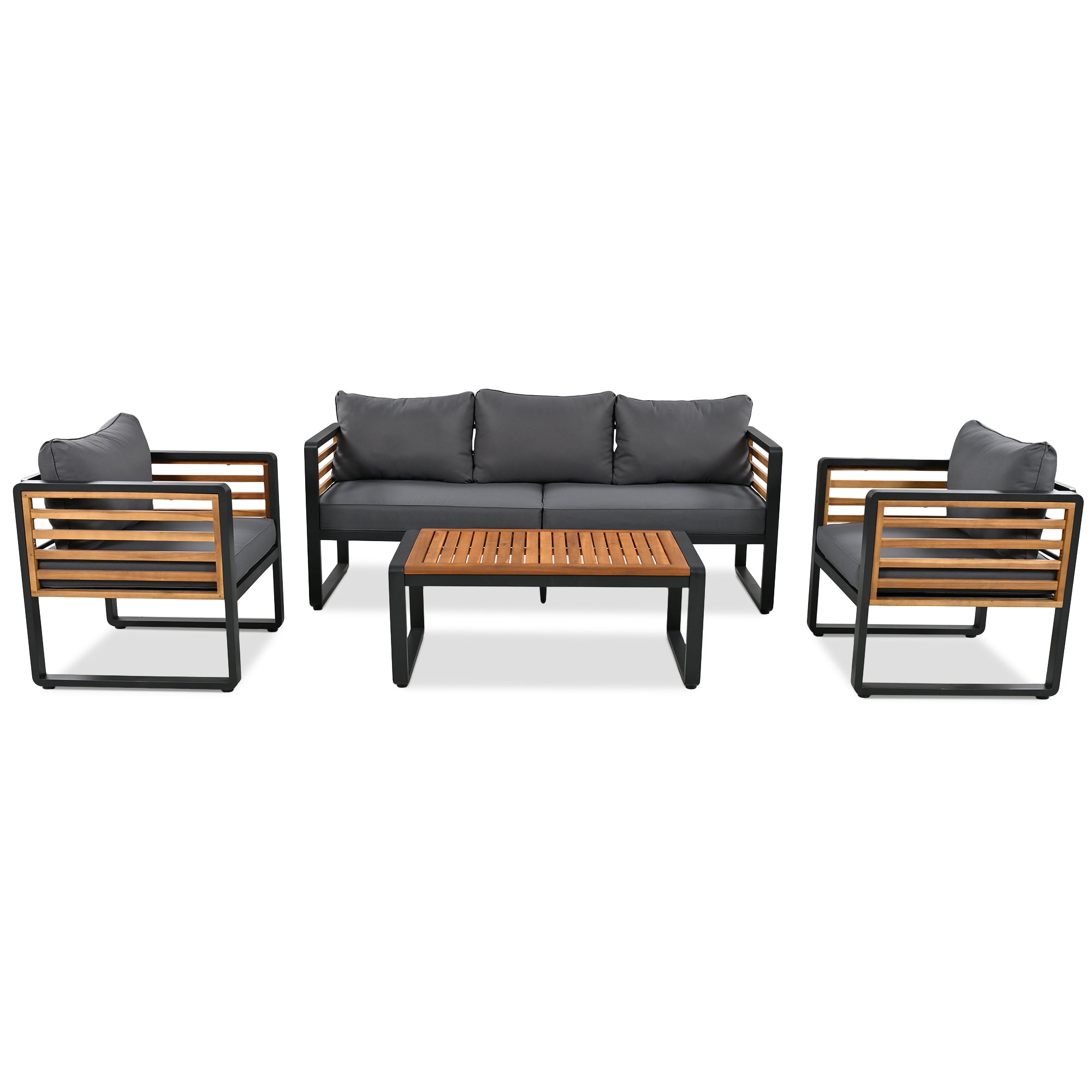 4-Piece Black Metal and Wood Frame Outdoor Furniture Sofa Patio Conversation Set with Gray Cushions  BOGOPCS03GR