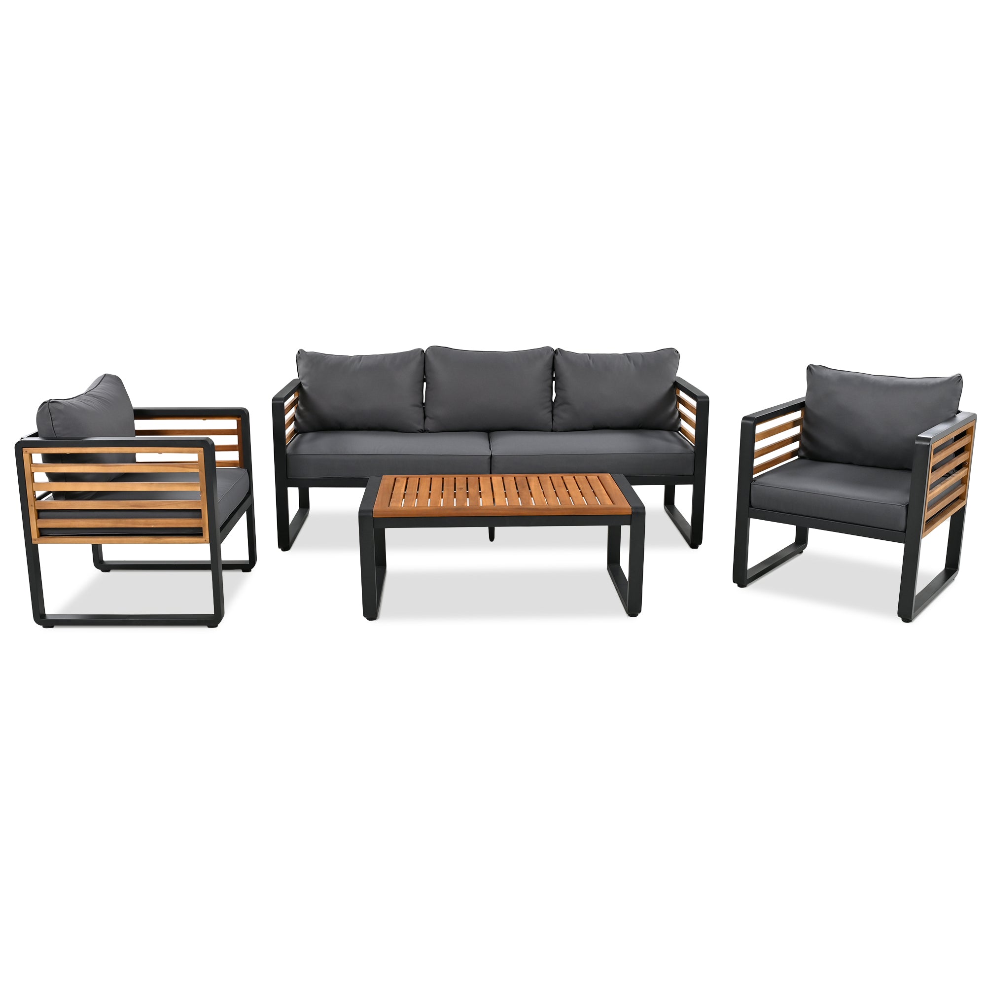 4-Piece Black Metal and Wood Frame Outdoor Furniture Sofa Patio Conversation Set with Gray Cushions  BOGOPCS03GR