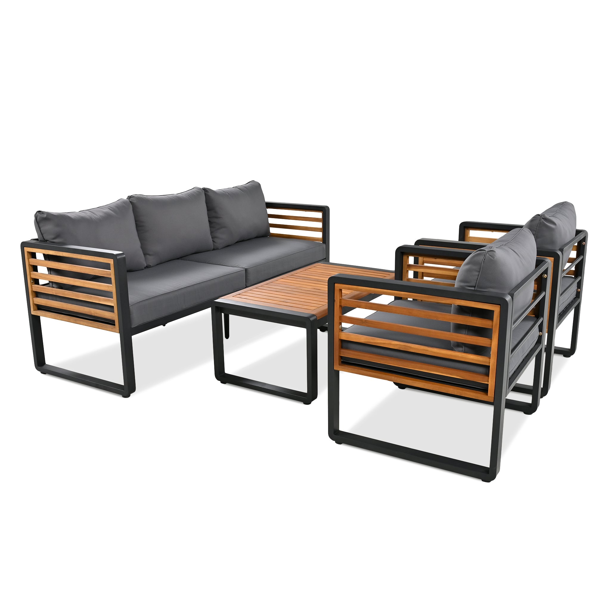 4-Piece Black Metal and Wood Frame Outdoor Furniture Sofa Patio Conversation Set with Gray Cushions  BOGOPCS03GR