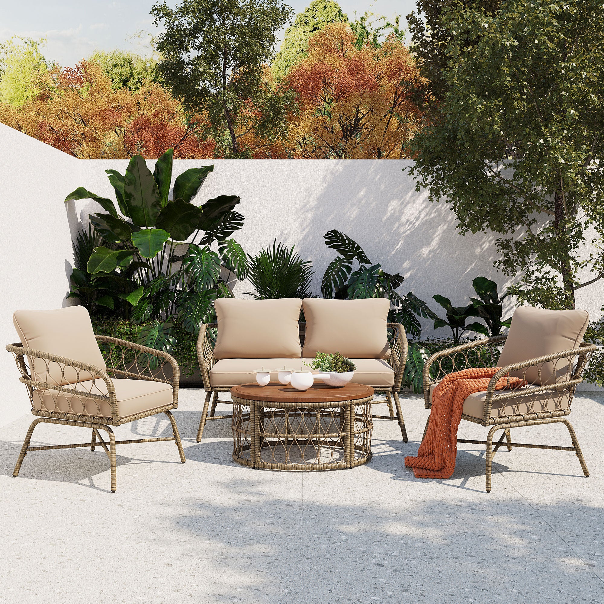 4-Piece Wicker Patio Conversation Set with Wood Tabletop and Beige Cushions BOGOPCS04BEG