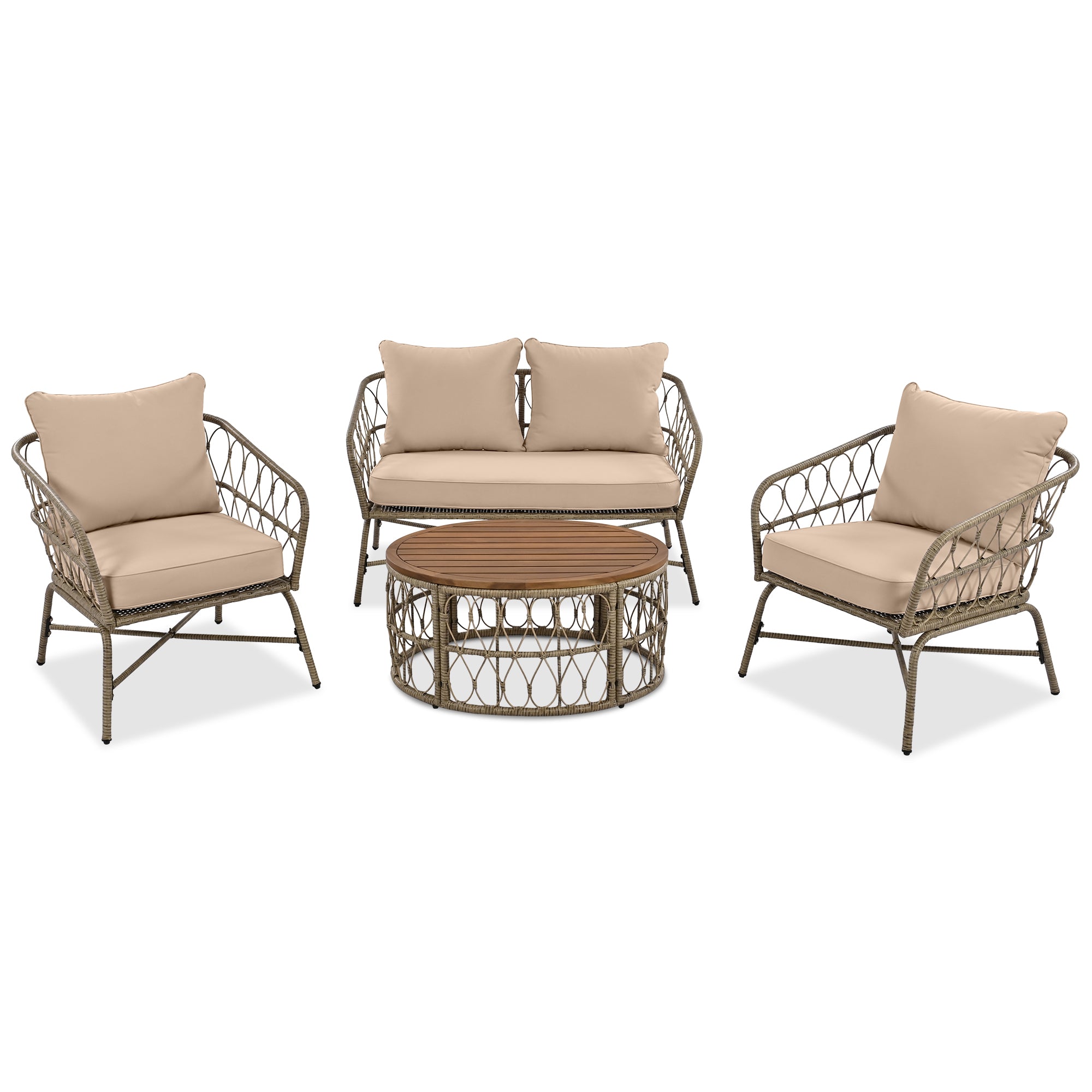 4-Piece Wicker Patio Conversation Set with Wood Tabletop and Beige Cushions BOGOPCS04BEG