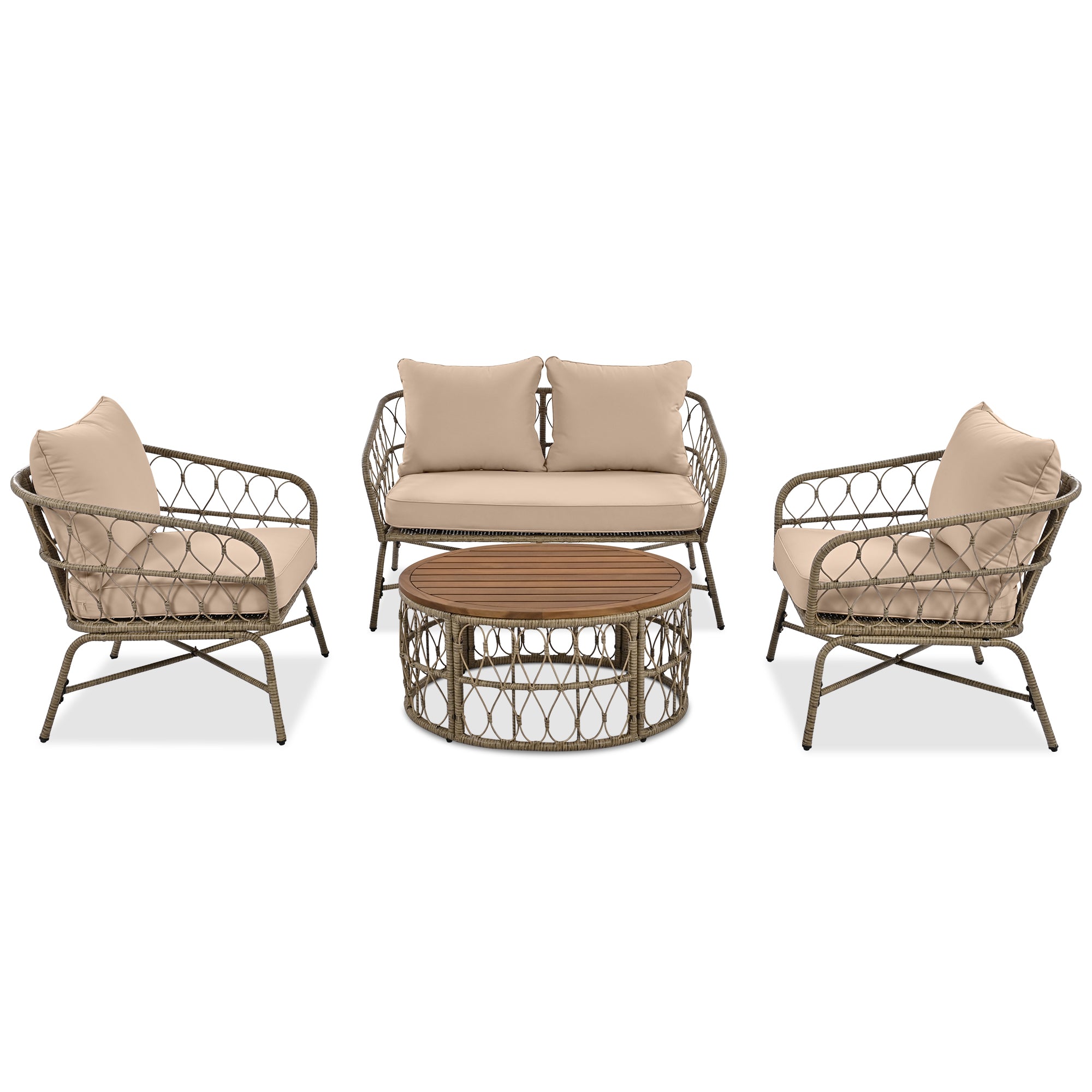 4-Piece Wicker Patio Conversation Set with Wood Tabletop and Beige Cushions BOGOPCS04BEG