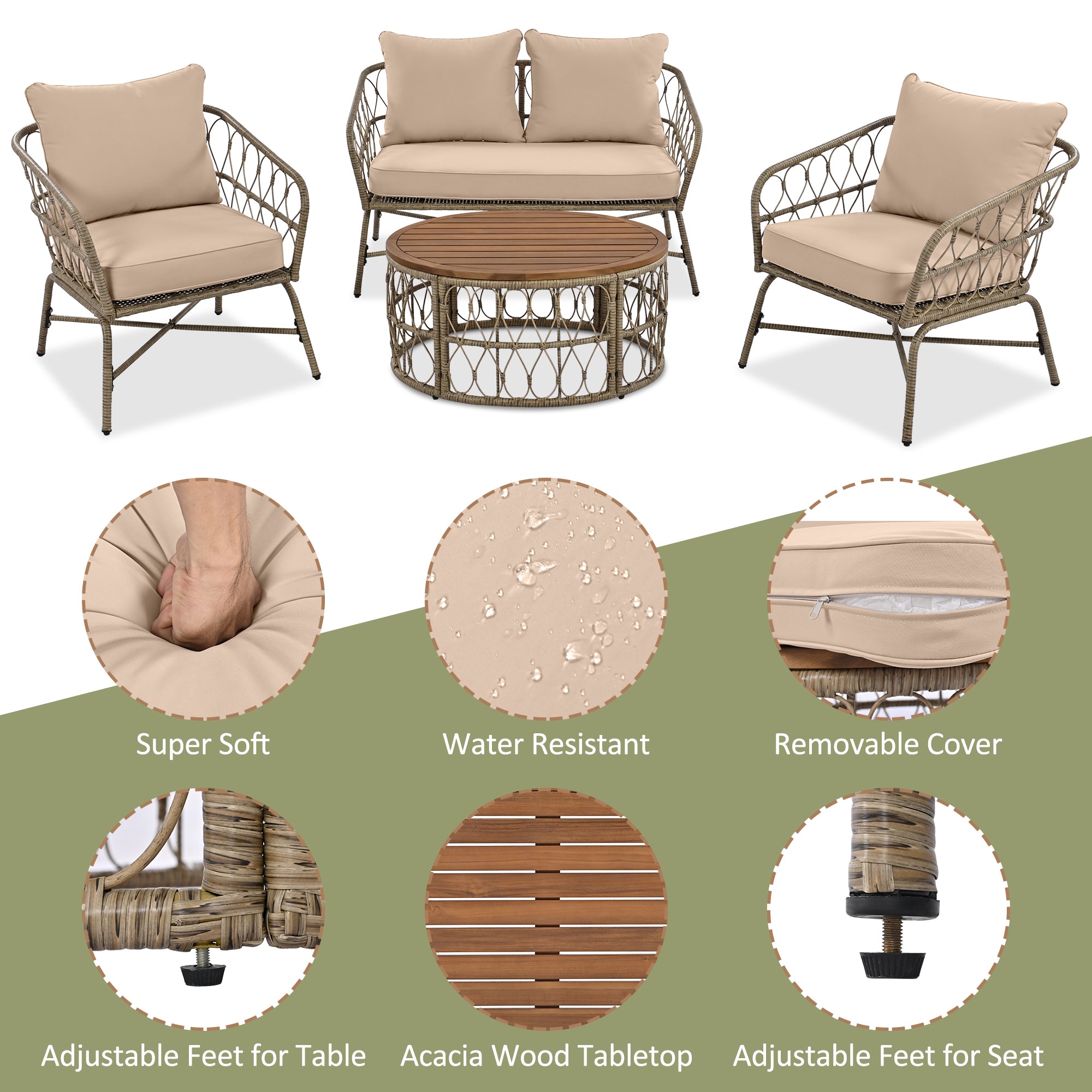 4-Piece Wicker Patio Conversation Set with Wood Tabletop and Beige Cushions BOGOPCS04BEG
