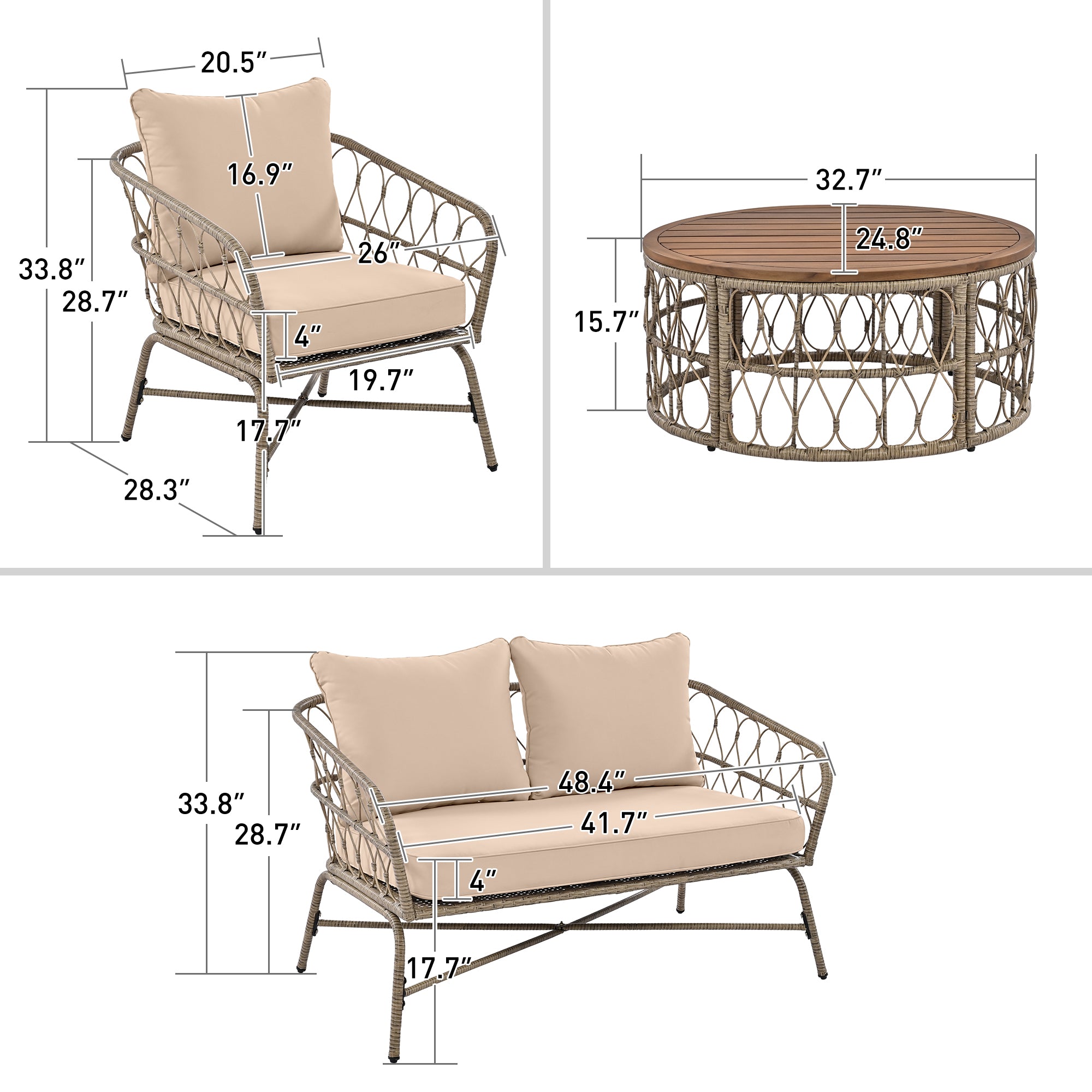 4-Piece Wicker Patio Conversation Set with Wood Tabletop and Beige Cushions BOGOPCS04BEG