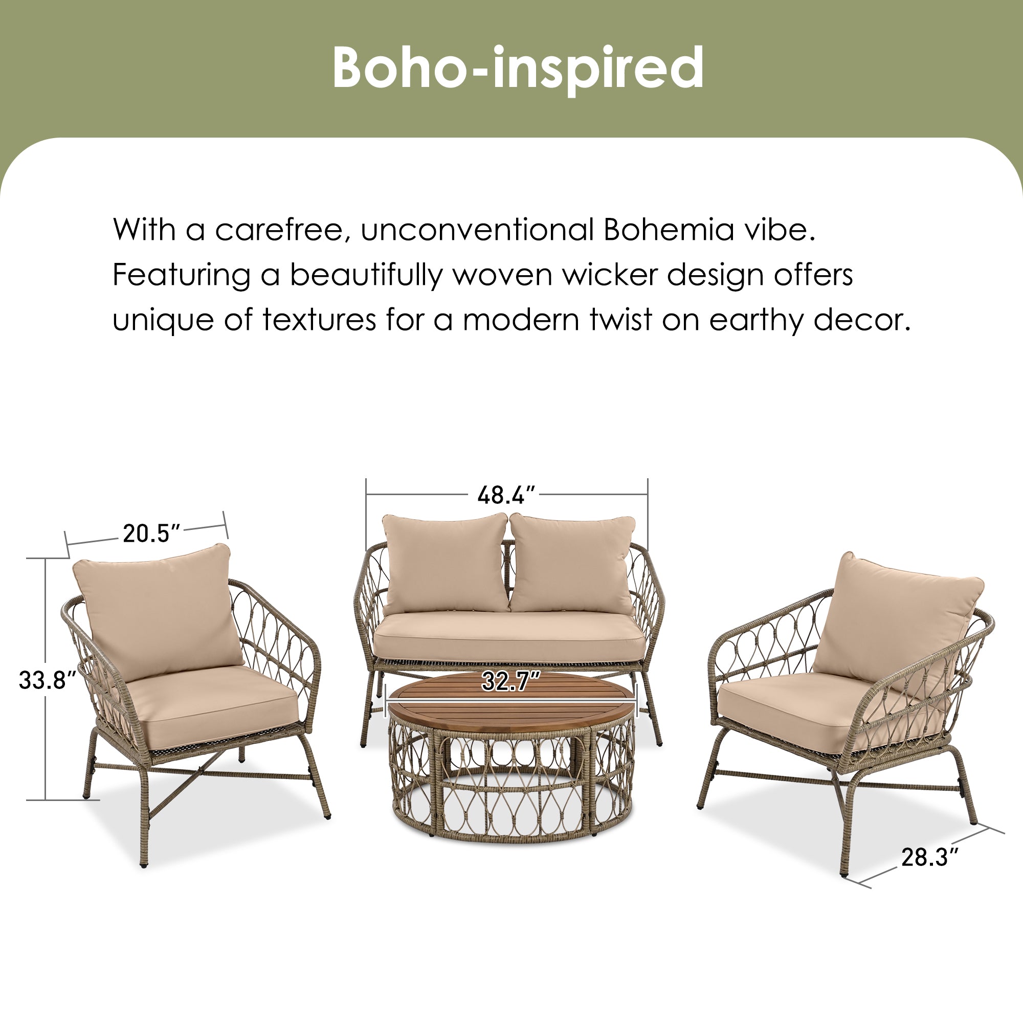 4-Piece Wicker Patio Conversation Set with Wood Tabletop and Beige Cushions BOGOPCS04BEG