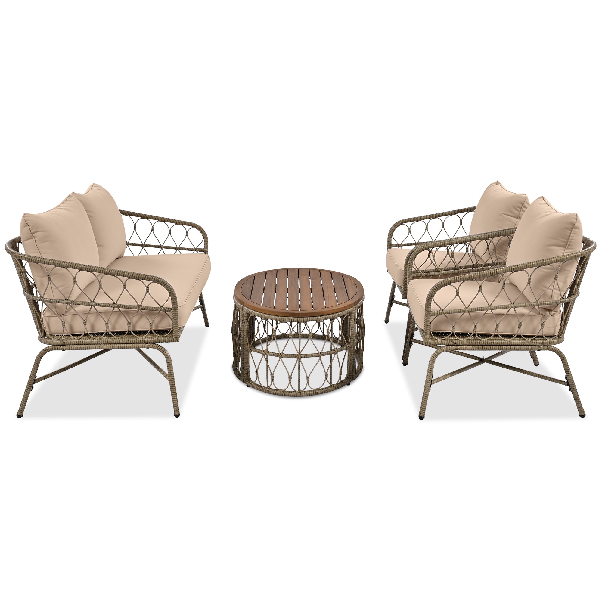 4-Piece Wicker Patio Conversation Set with Wood Tabletop and Beige Cushions BOGOPCS04BEG