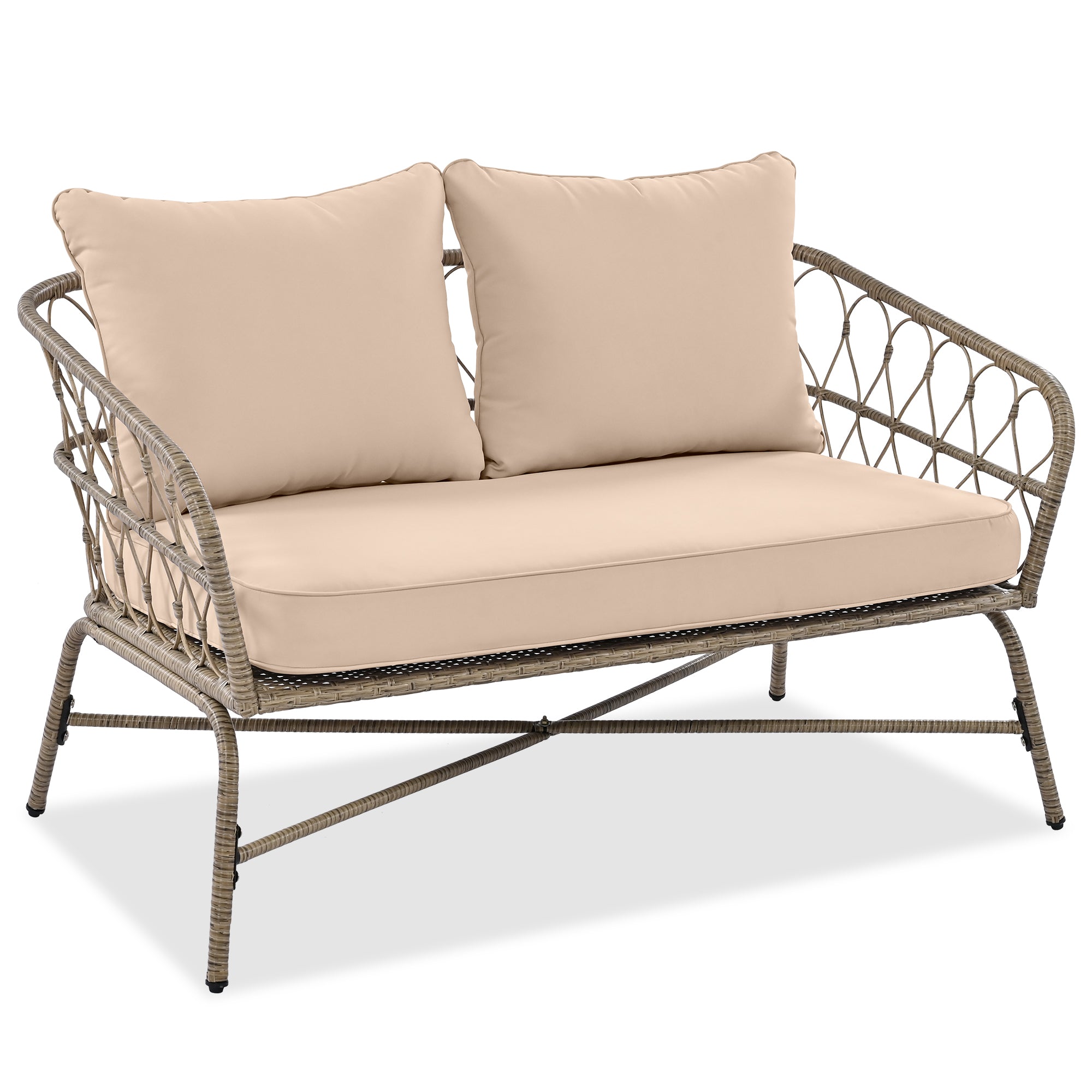 4-Piece Wicker Patio Conversation Set with Wood Tabletop and Beige Cushions BOGOPCS04BEG