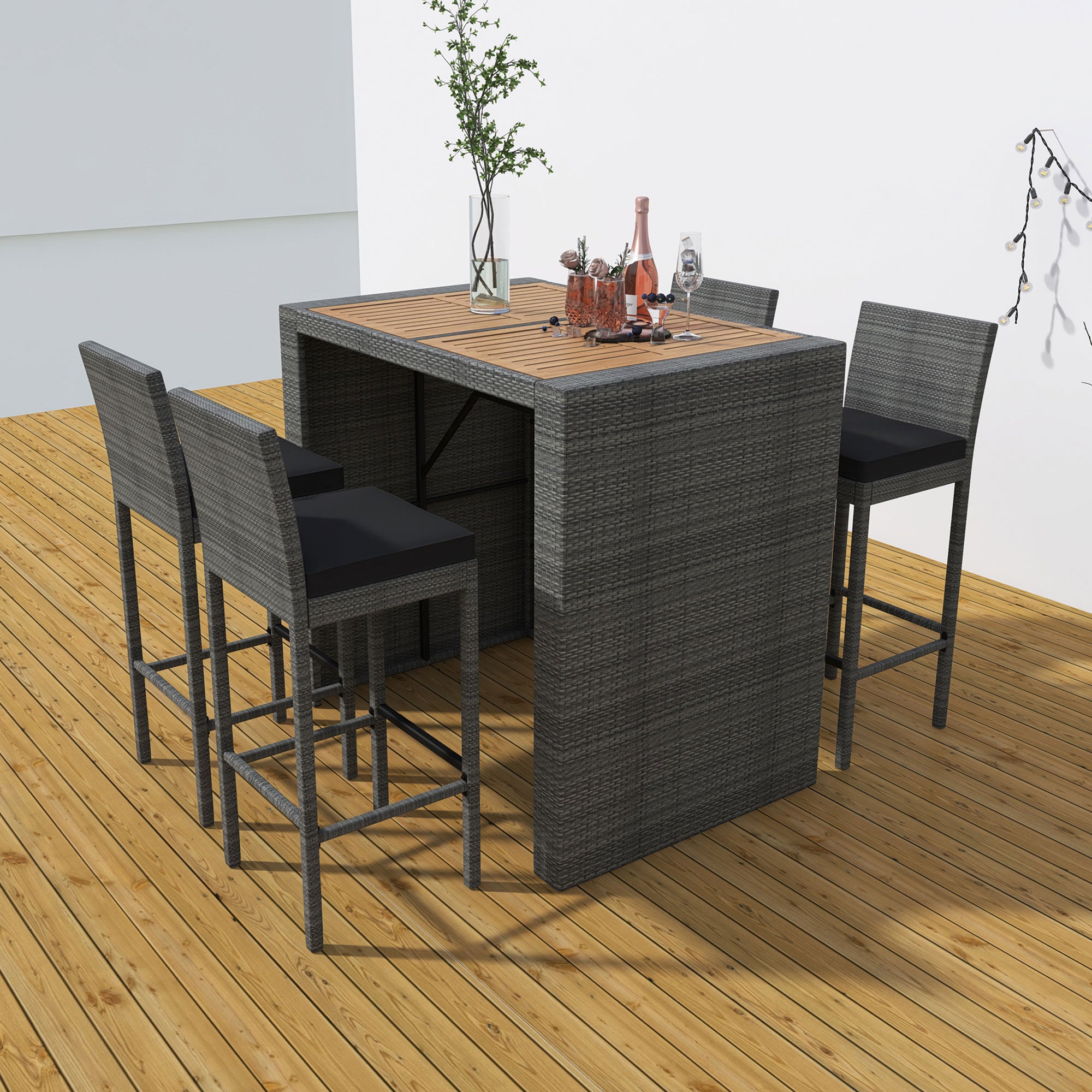 5-piece Outdoor Patio Wicker Bar Set with Non-Slip Feet Acacia Wood Table Top and Removable Cushion BOGOPD04B-GRA