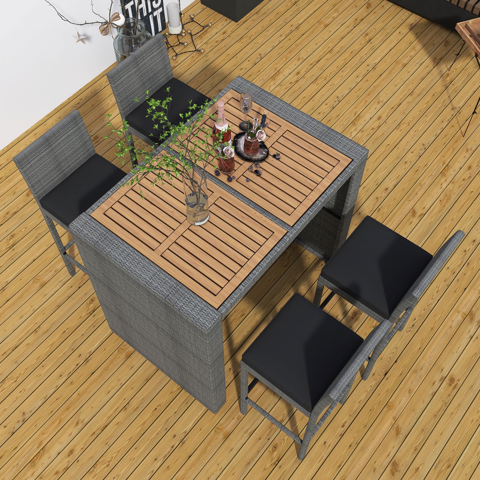 5-piece Outdoor Patio Wicker Bar Set with Non-Slip Feet Acacia Wood Table Top and Removable Cushion BOGOPD04B-GRA