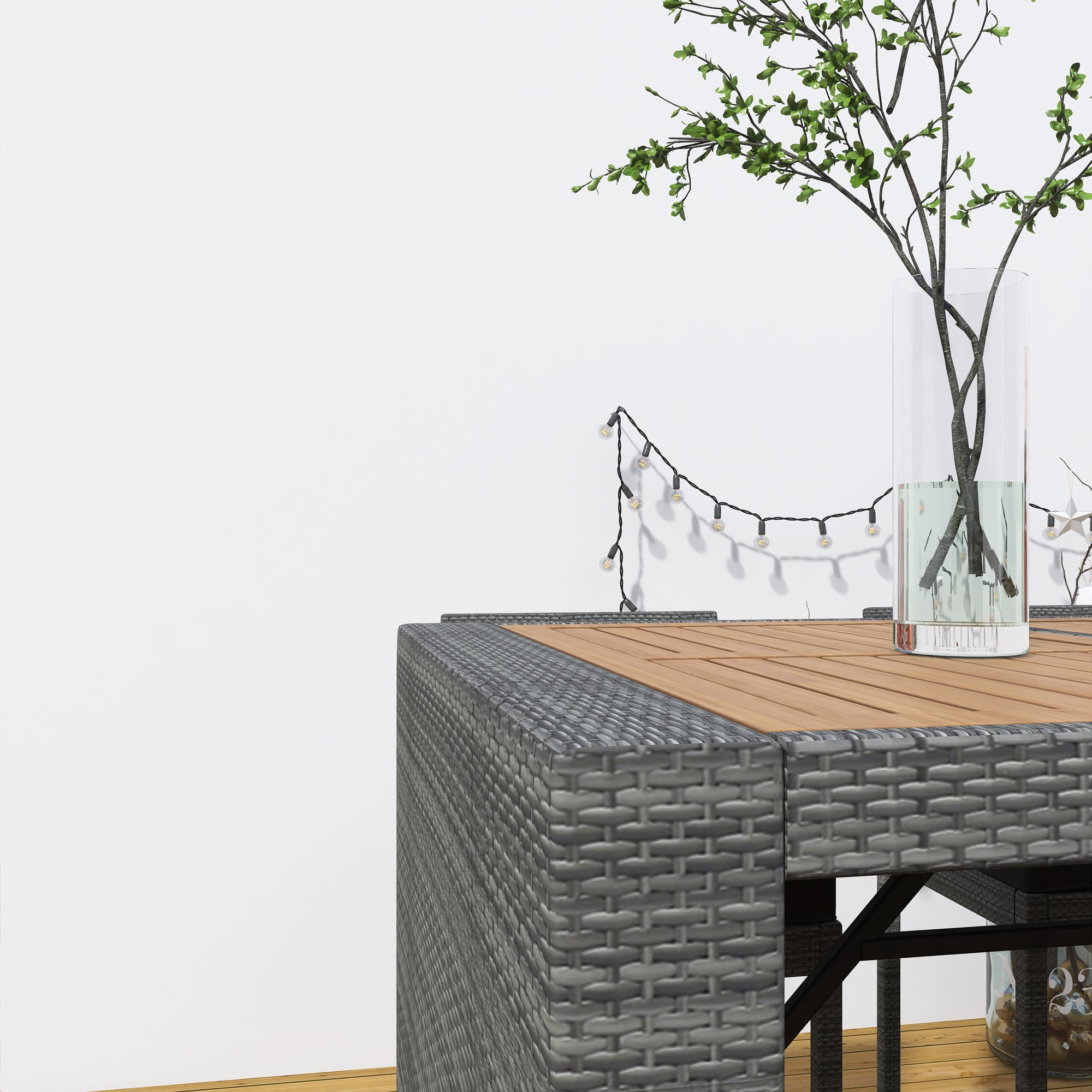 5-piece Outdoor Patio Wicker Bar Set with Non-Slip Feet Acacia Wood Table Top and Removable Cushion BOGOPD04B-GRA