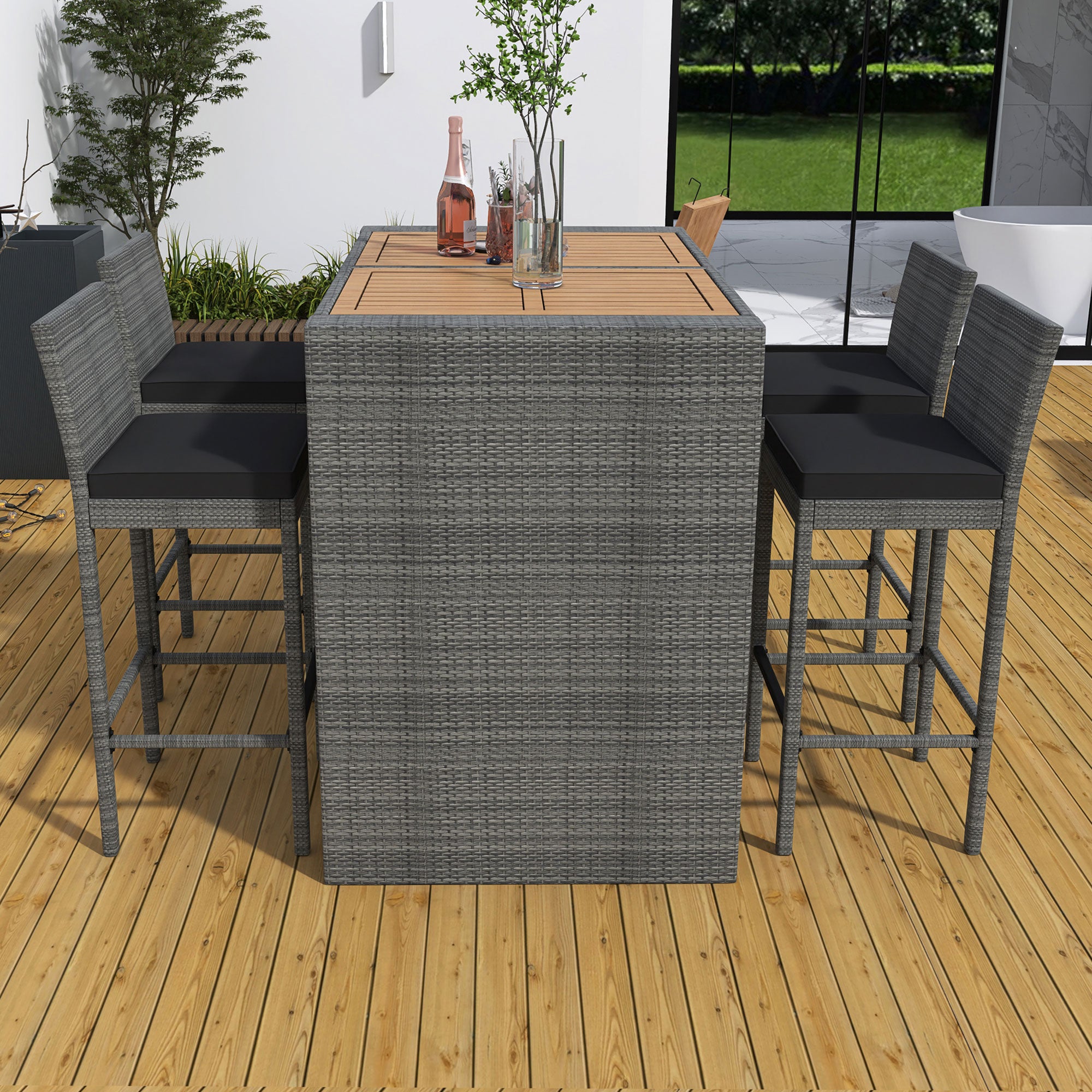 5-piece Outdoor Patio Wicker Bar Set with Non-Slip Feet Acacia Wood Table Top and Removable Cushion BOGOPD04B-GRA