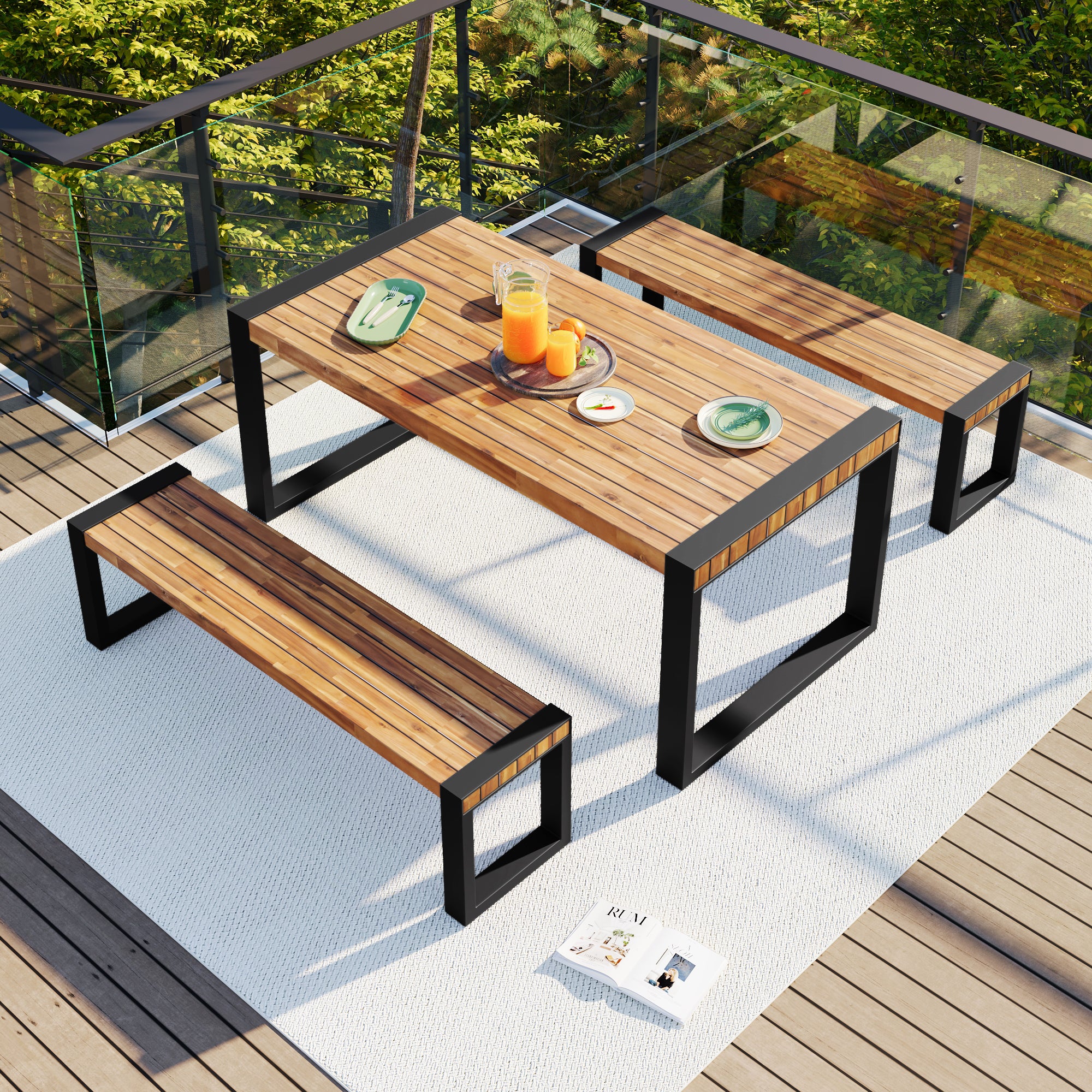 3-Piece Wood Outdoor Dining Set with 2 Benches   BOGOPD08BRO