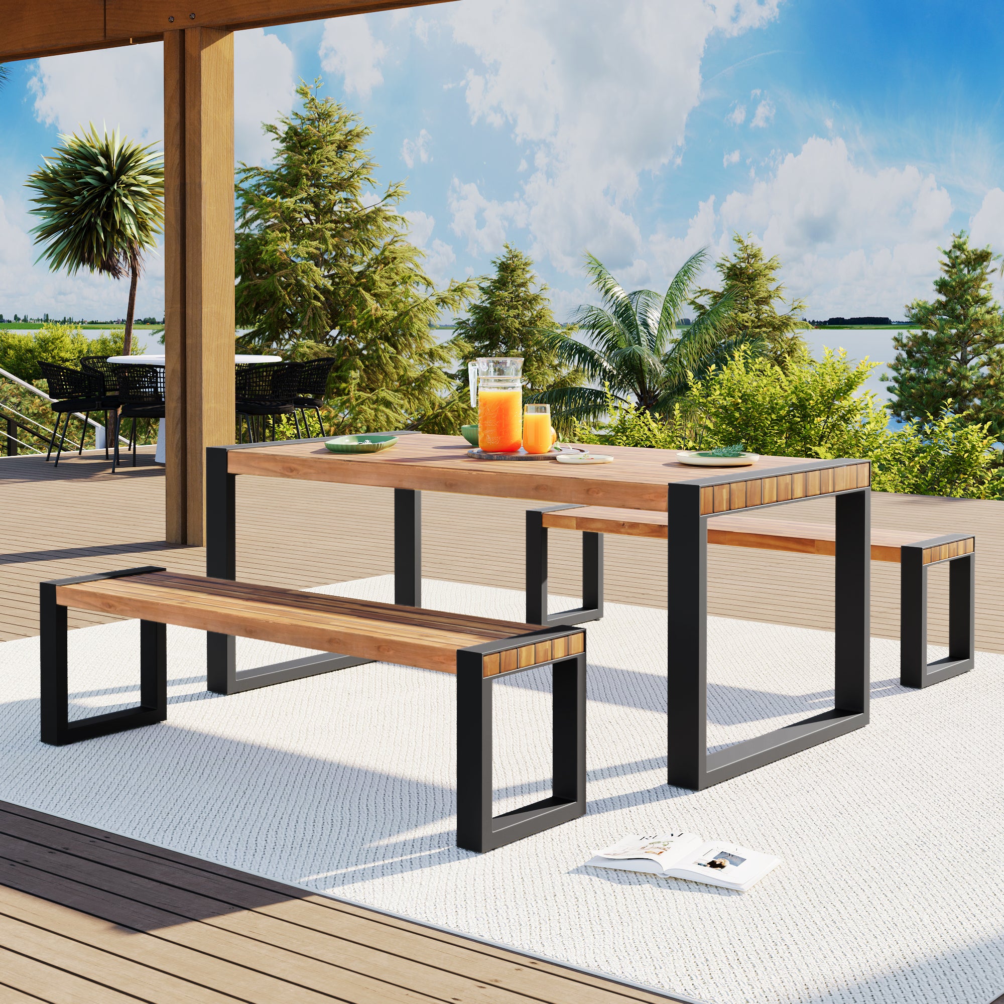 3-Piece Wood Outdoor Dining Set with 2 Benches   BOGOPD08BRO