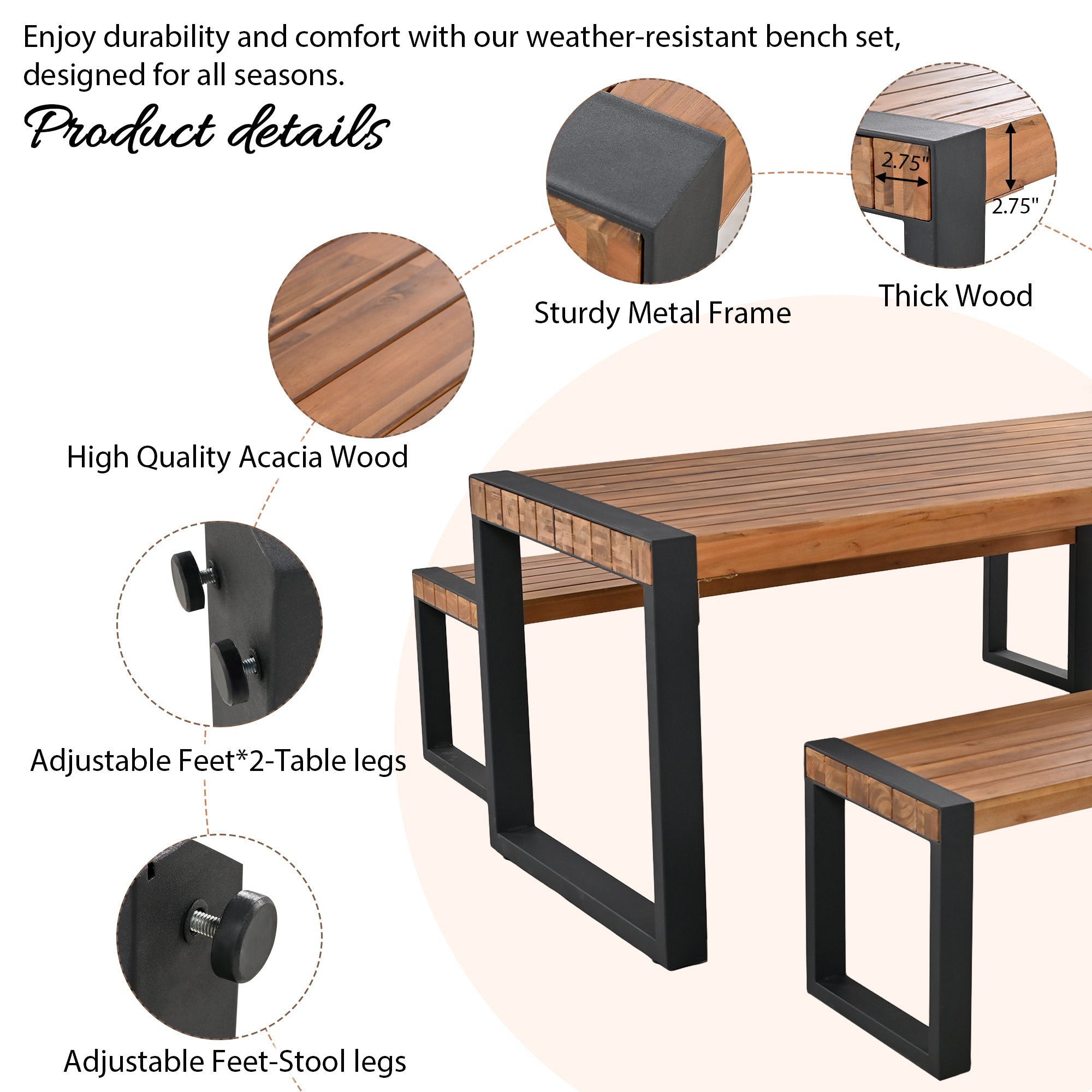 3-Piece Wood Outdoor Dining Set with 2 Benches   BOGOPD08BRO