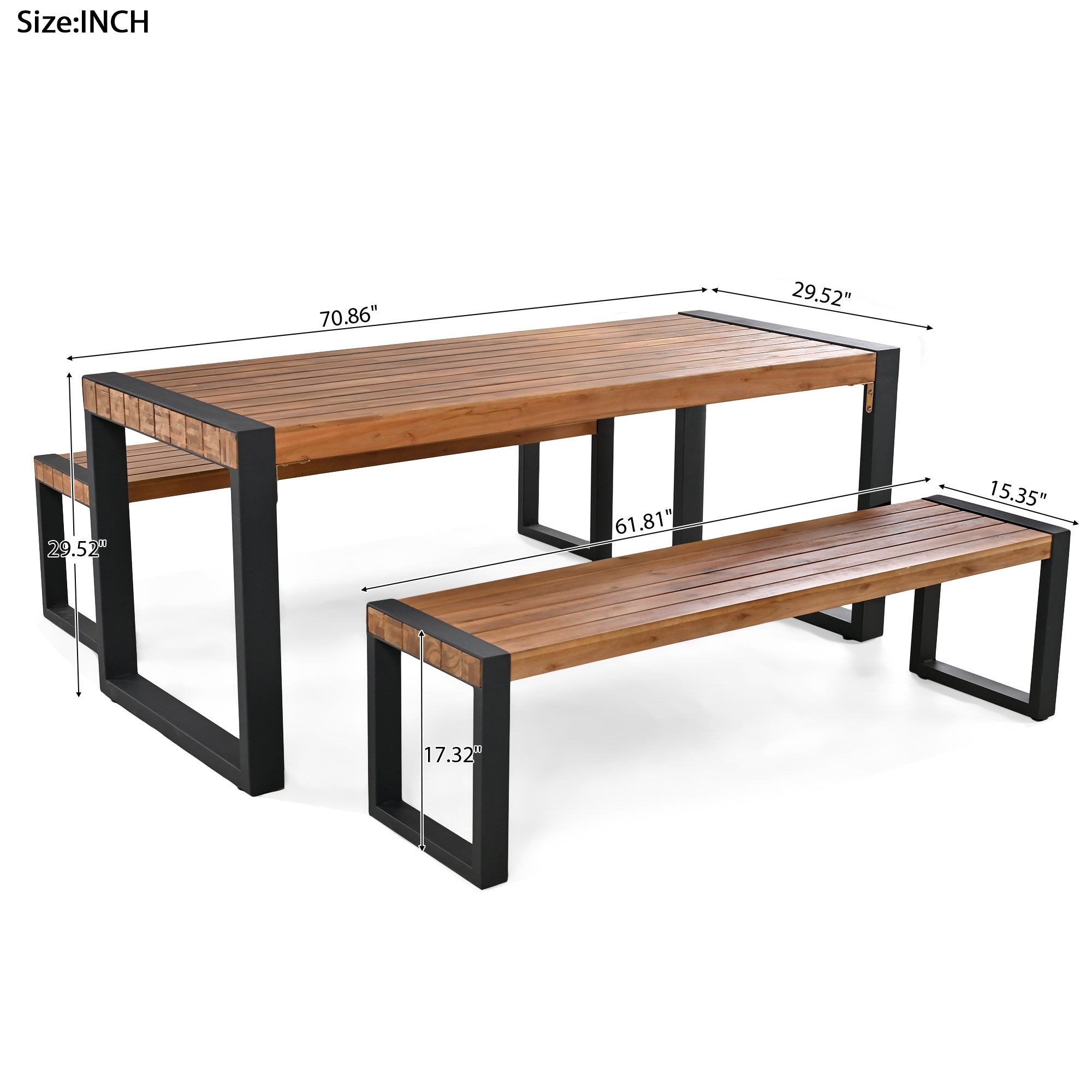 3-Piece Wood Outdoor Dining Set with 2 Benches   BOGOPD08BRO