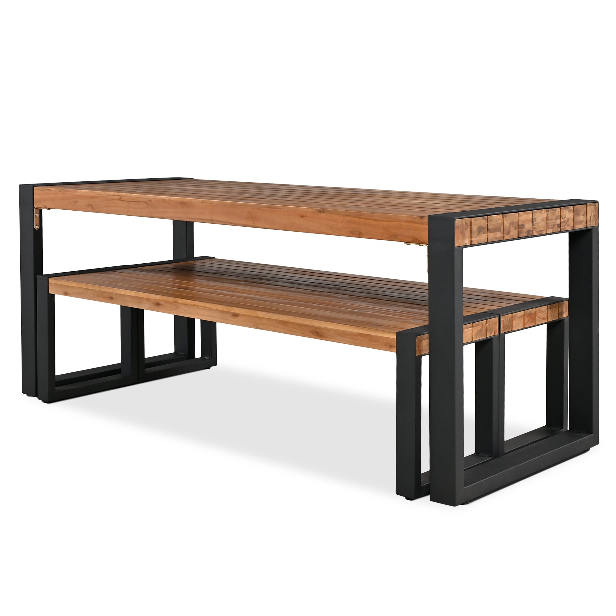 3-Piece Wood Outdoor Dining Set with 2 Benches   BOGOPD08BRO