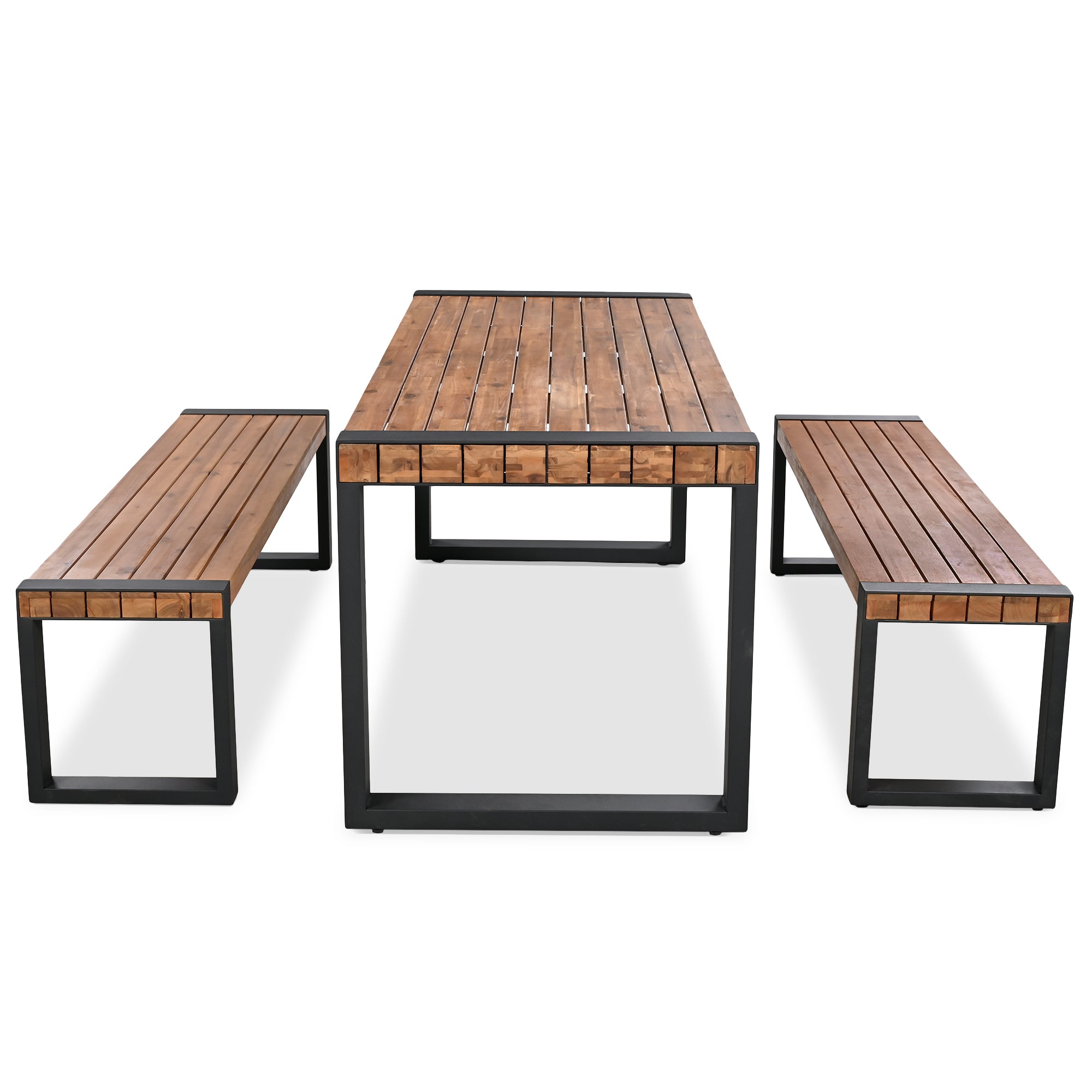 3-Piece Wood Outdoor Dining Set with 2 Benches   BOGOPD08BRO