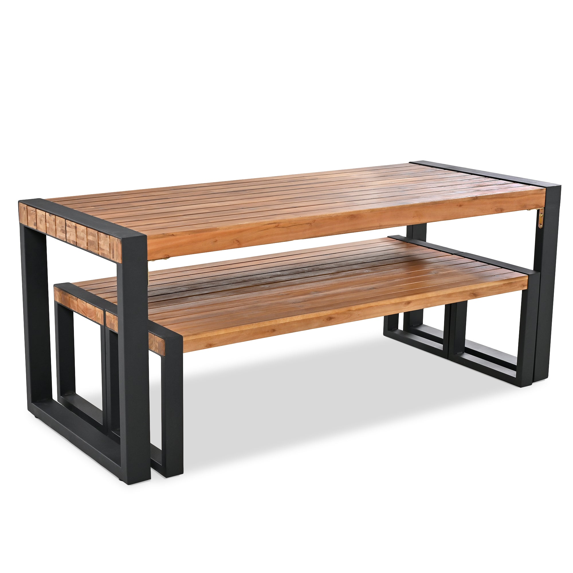 3-Piece Wood Outdoor Dining Set with 2 Benches   BOGOPD08BRO