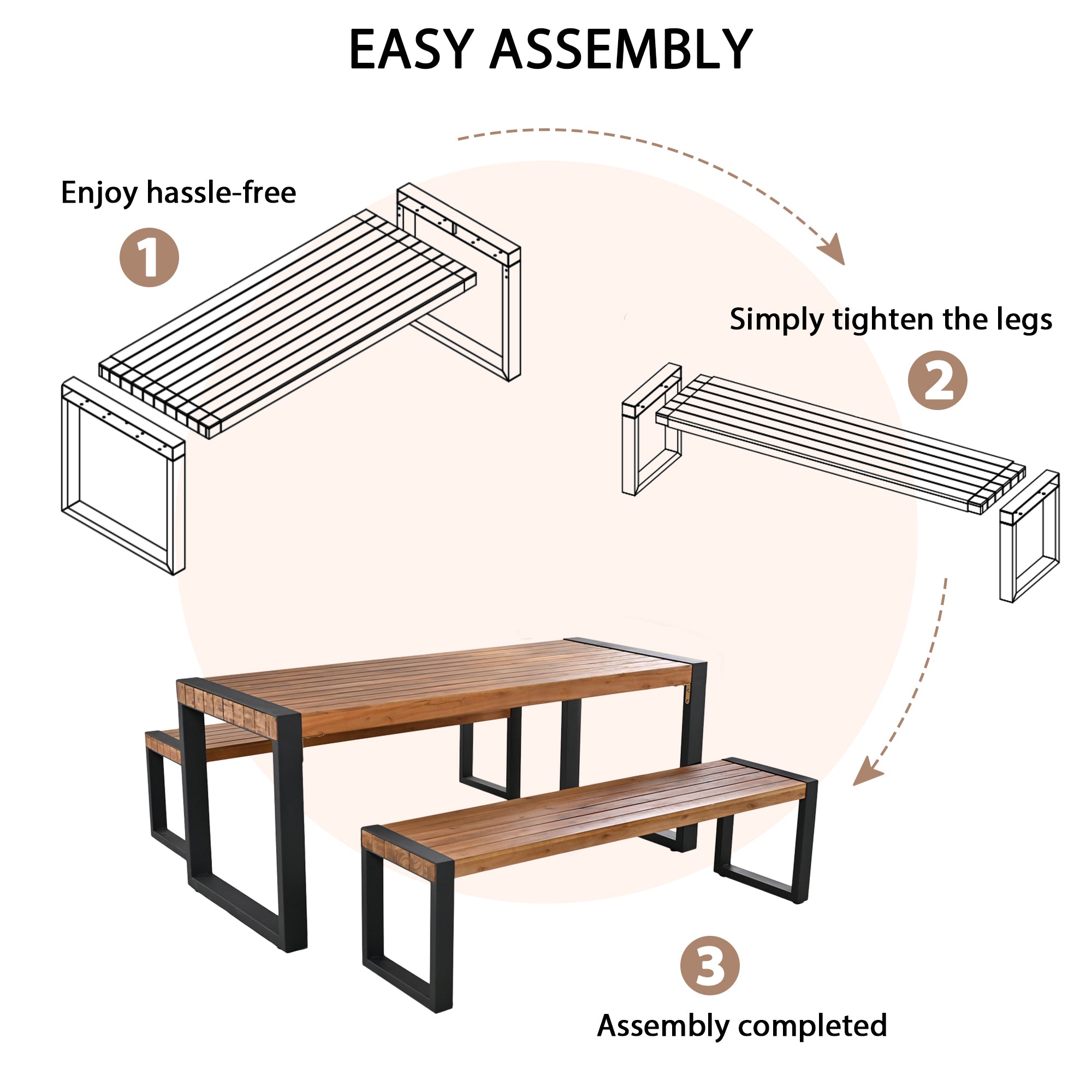 3-Piece Wood Outdoor Dining Set with 2 Benches   BOGOPD08BRO