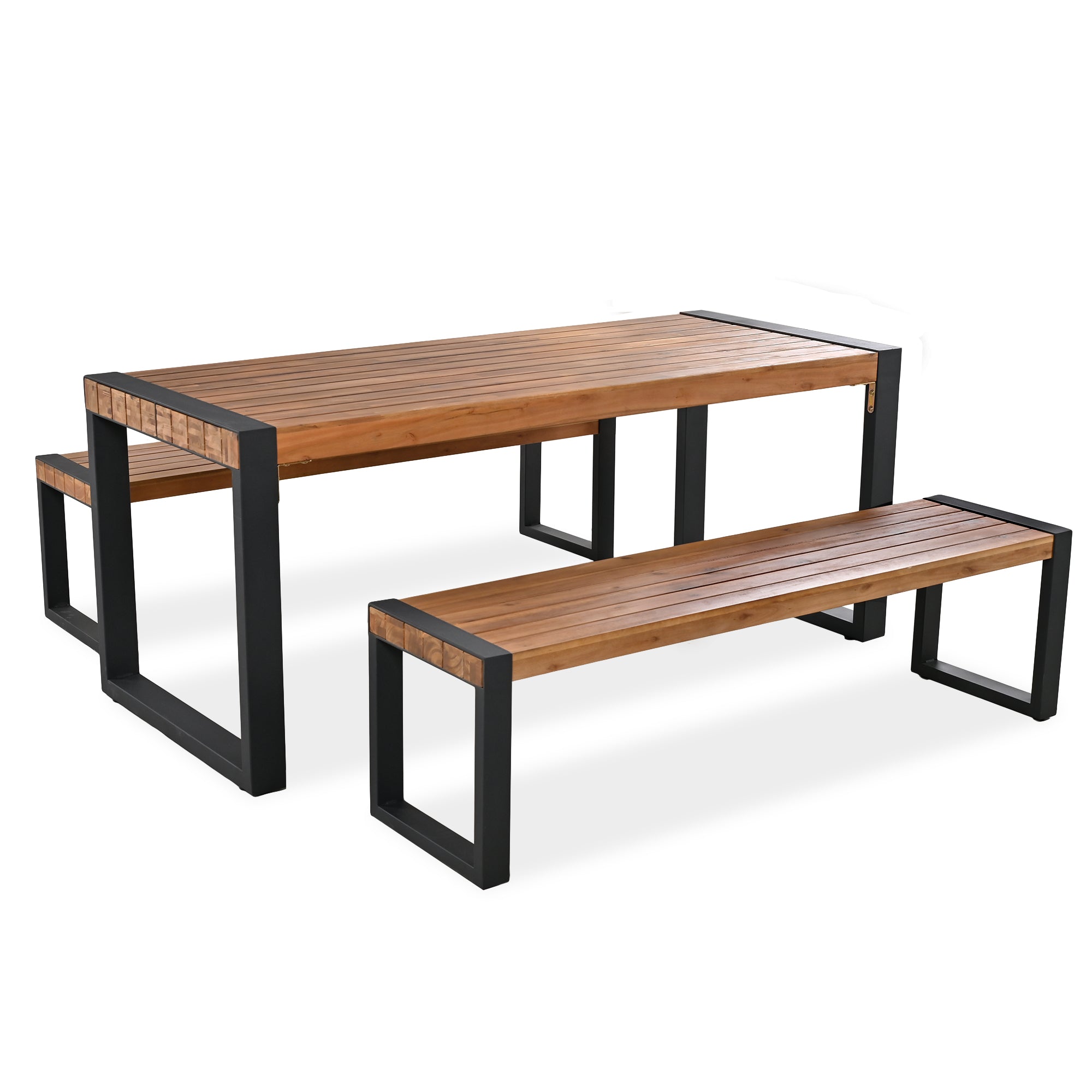3-Piece Wood Outdoor Dining Set with 2 Benches   BOGOPD08BRO