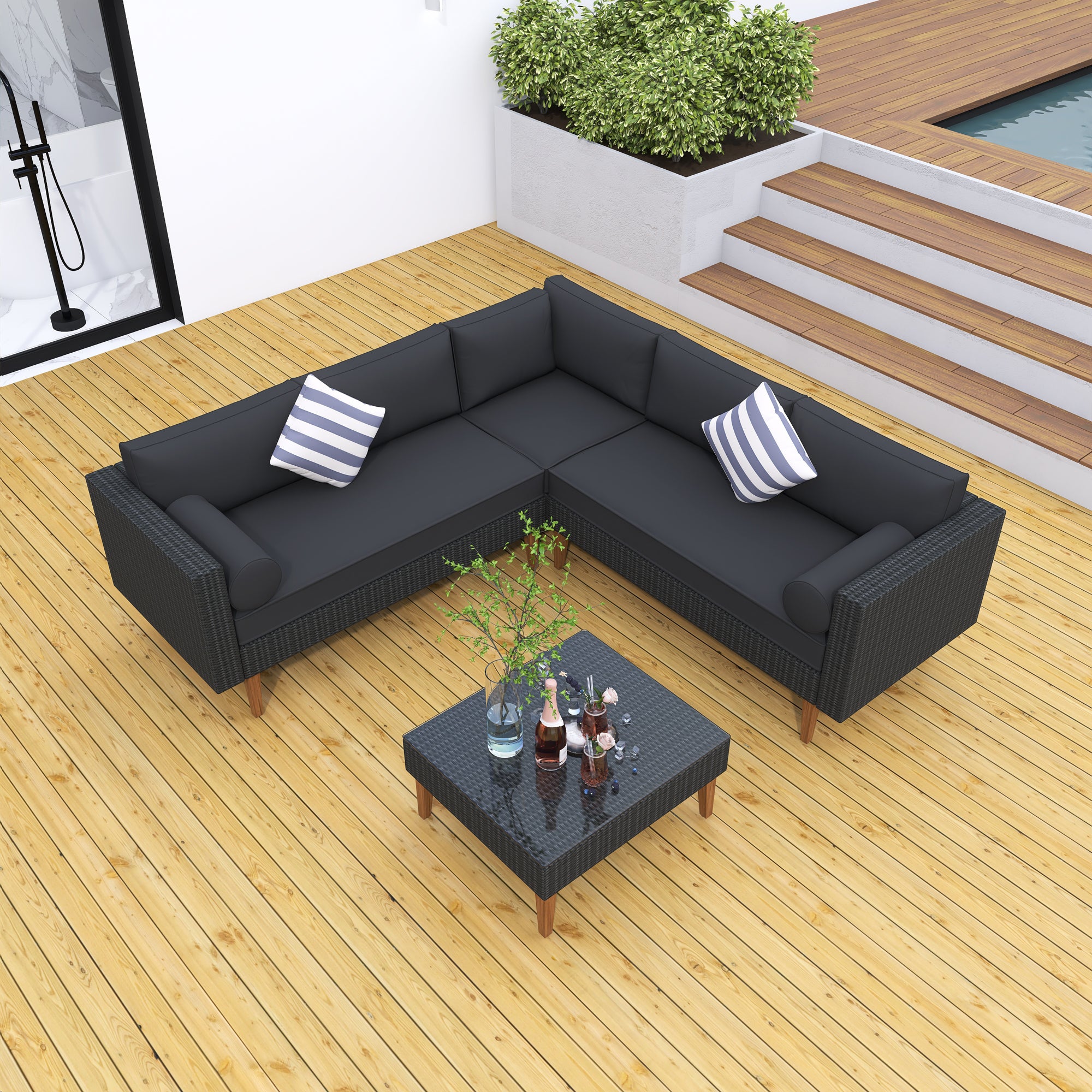 4-pieces Outdoor Wicker L-shape Sofa Set with cushions BOGOPS08B-G