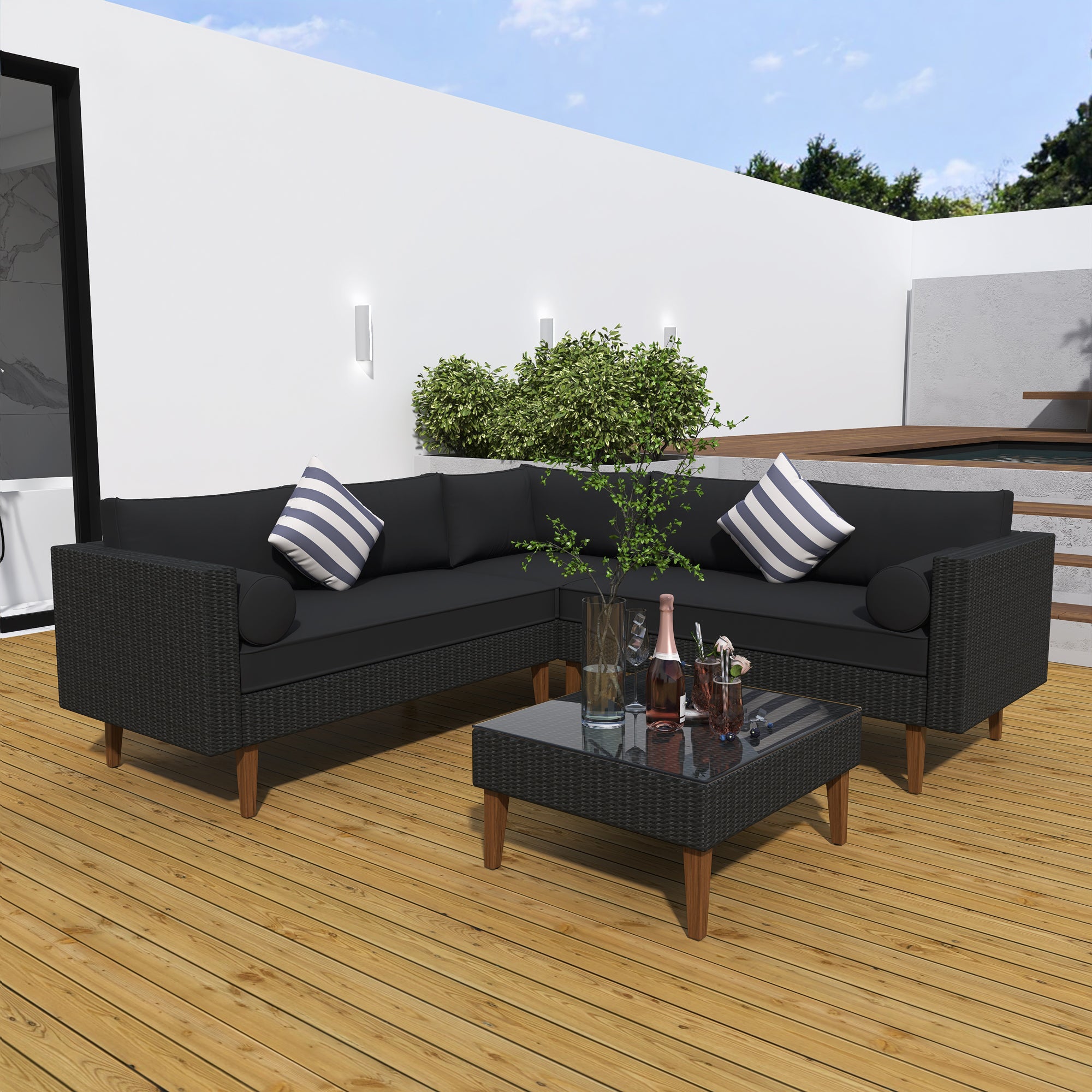 4-pieces Outdoor Wicker L-shape Sofa Set with cushions BOGOPS08B-G
