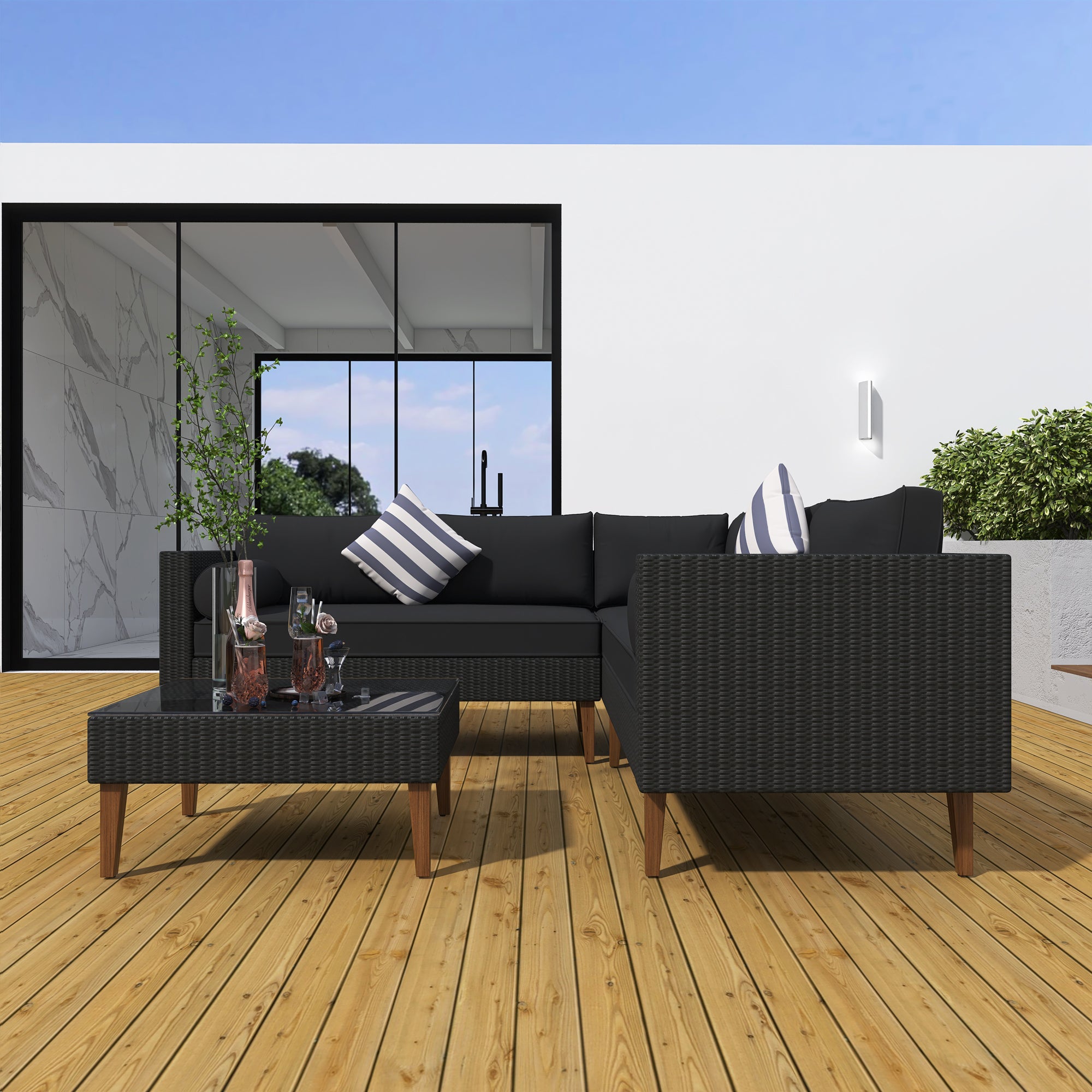 4-pieces Outdoor Wicker L-shape Sofa Set with cushions BOGOPS08B-G