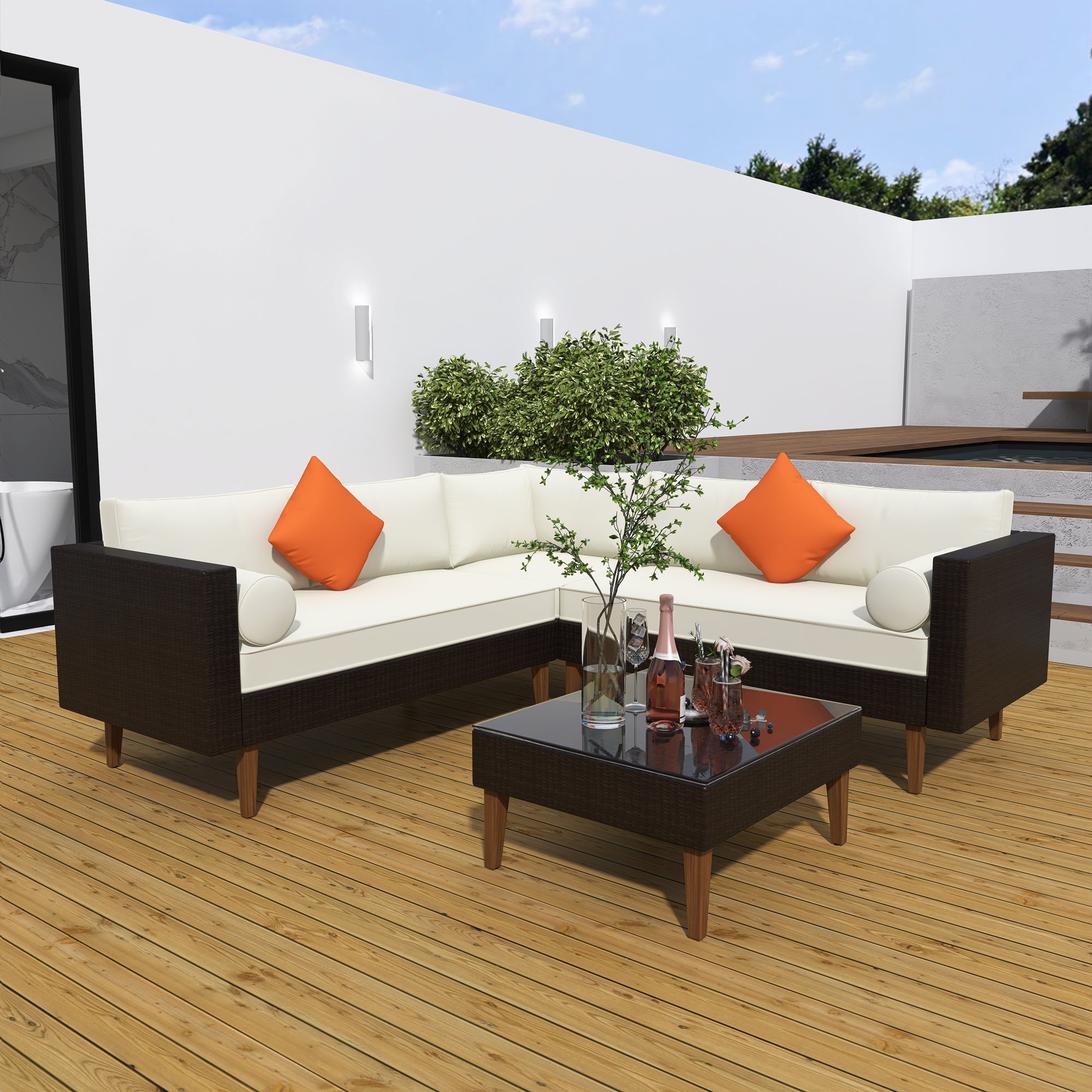 4-pieces Outdoor Wicker L-shape Sofa Set with cushions BOGOPS08BEG