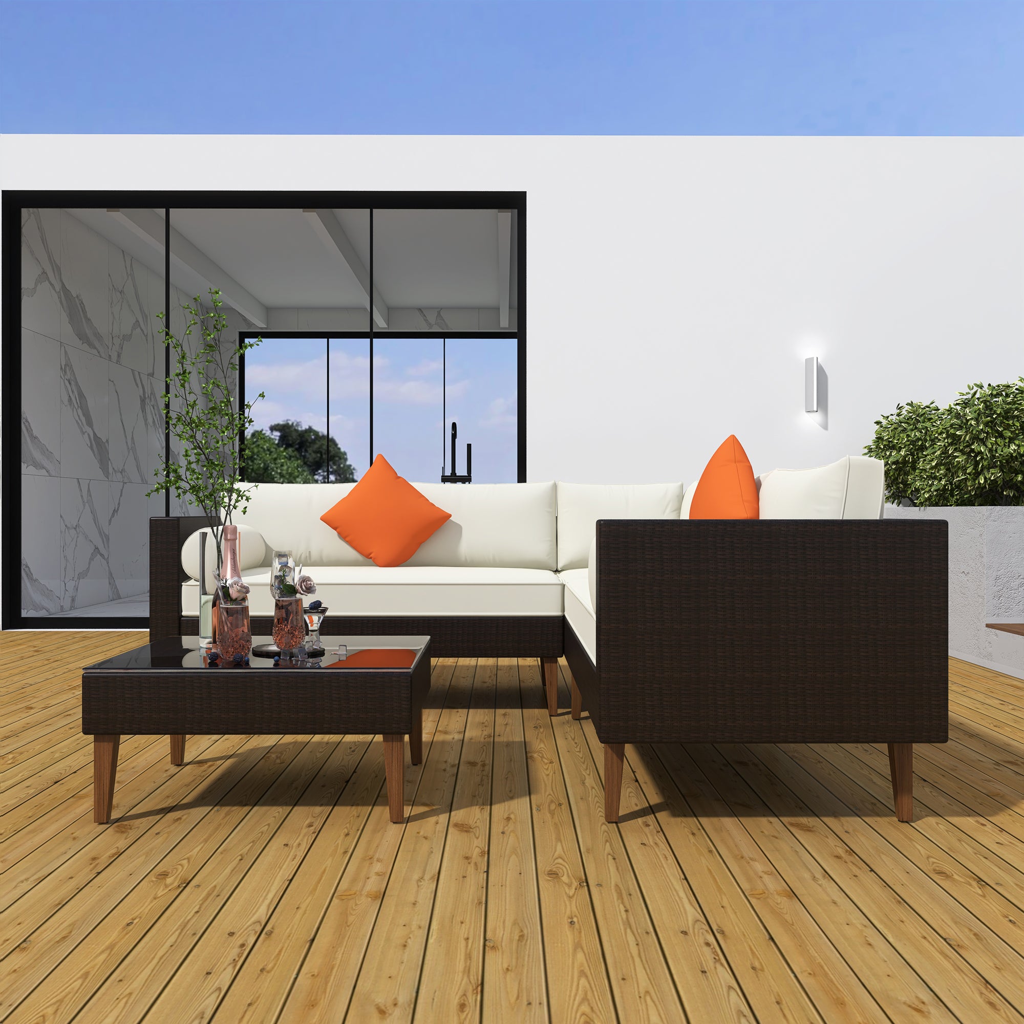 4-pieces Outdoor Wicker L-shape Sofa Set with cushions BOGOPS08BEG