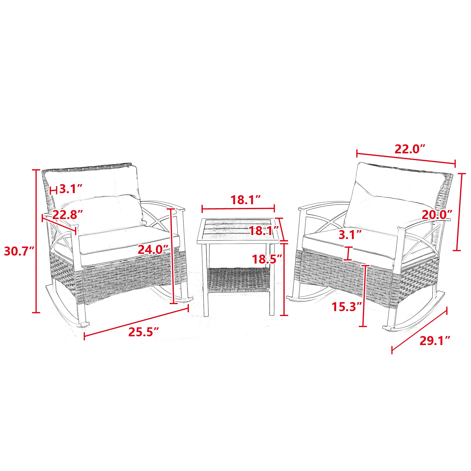3-Piece Rattan Outdoor Rocking Set Chair BOHFPC01BL