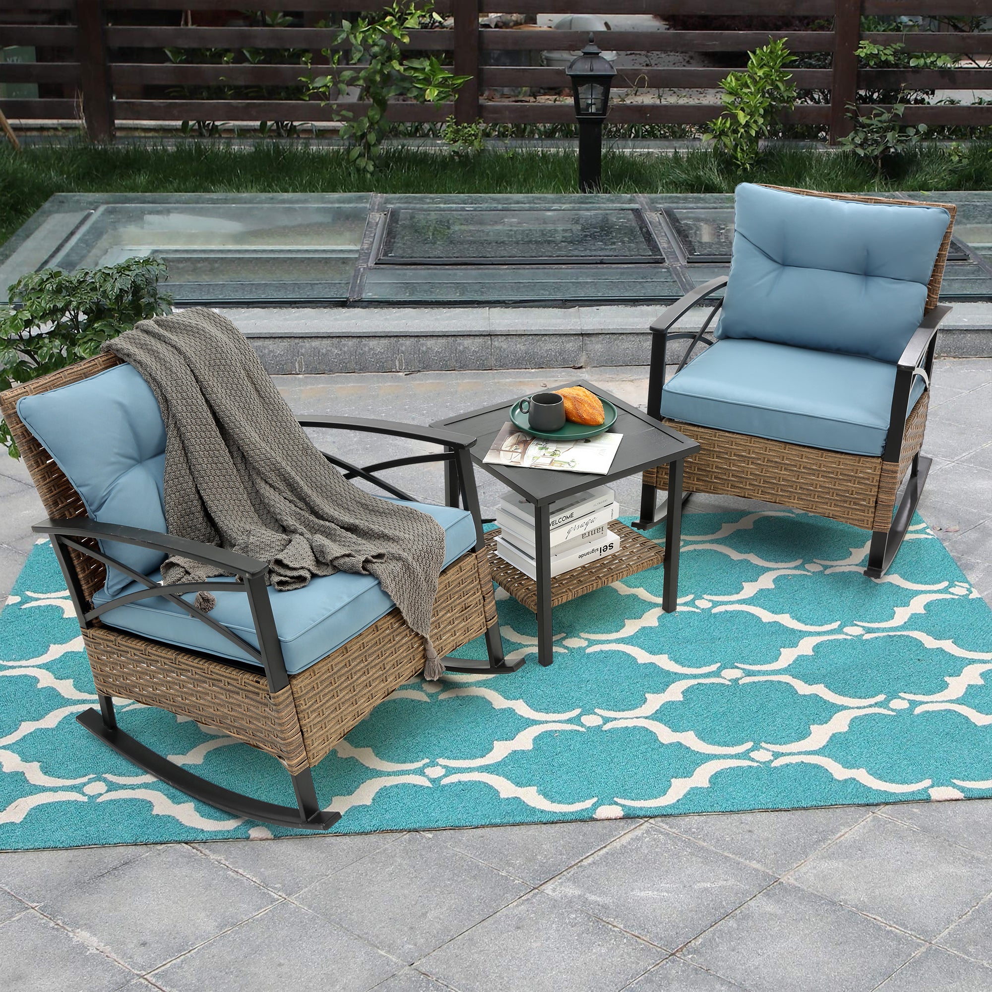 3-Piece Rattan Outdoor Rocking Set Chair BOHFPC01BL