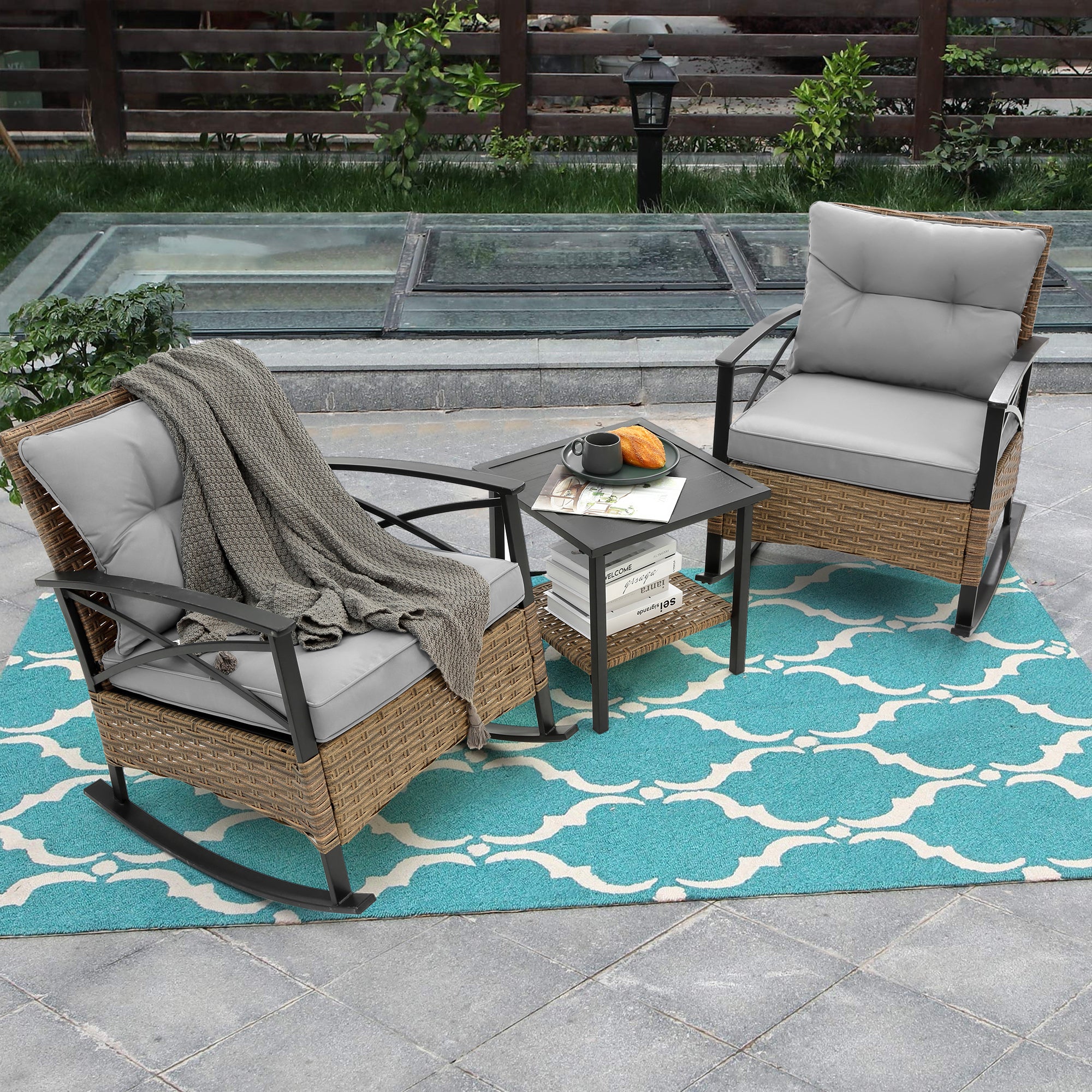 3-Piece Rattan Outdoor Rocking Set Chair BOHFPC01GR