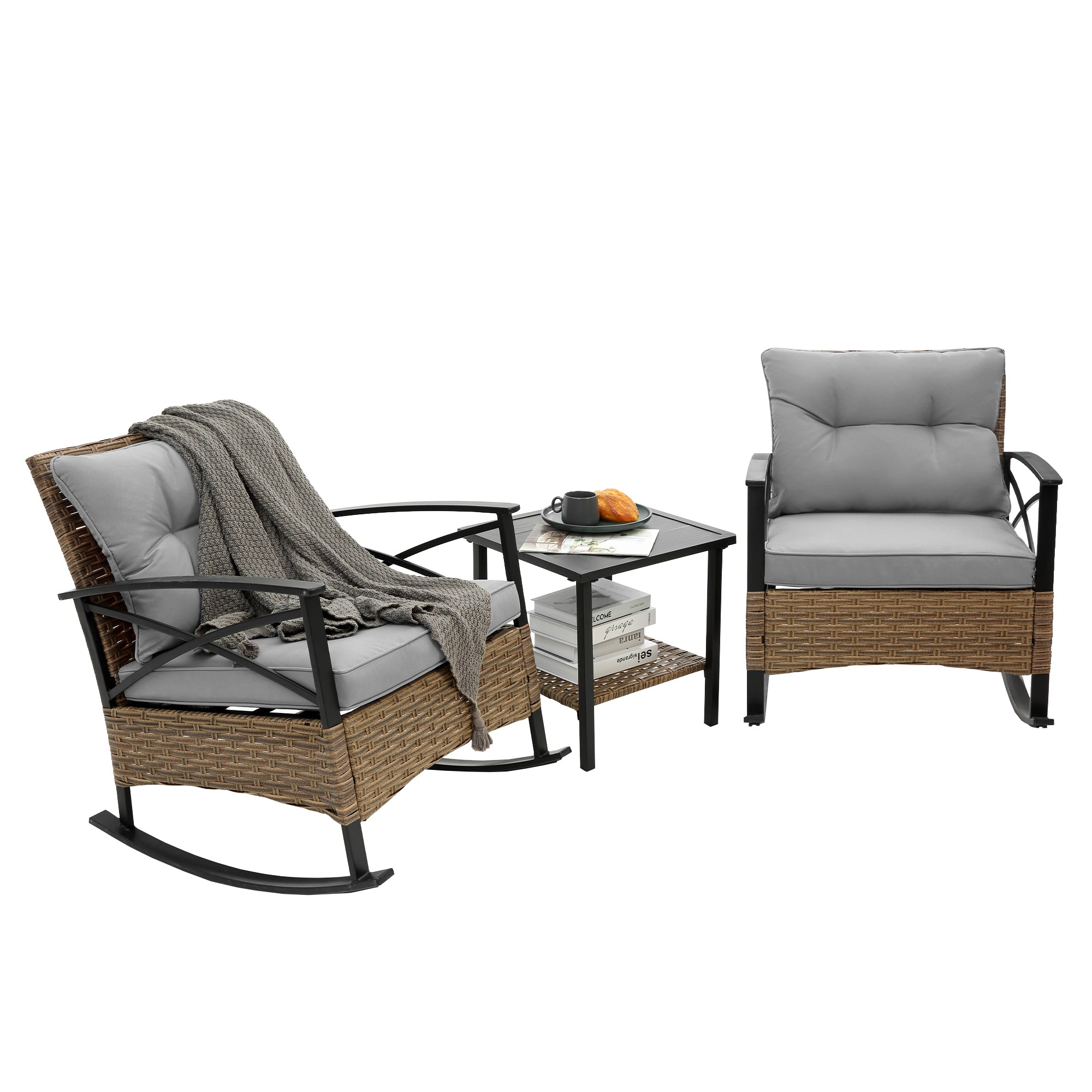 3-Piece Rattan Outdoor Rocking Set Chair BOHFPC01GR