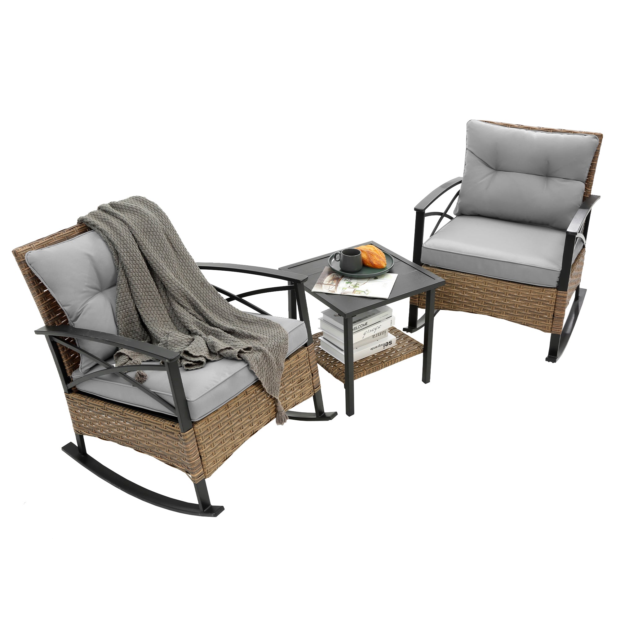 3-Piece Rattan Outdoor Rocking Set Chair BOHFPC01GR