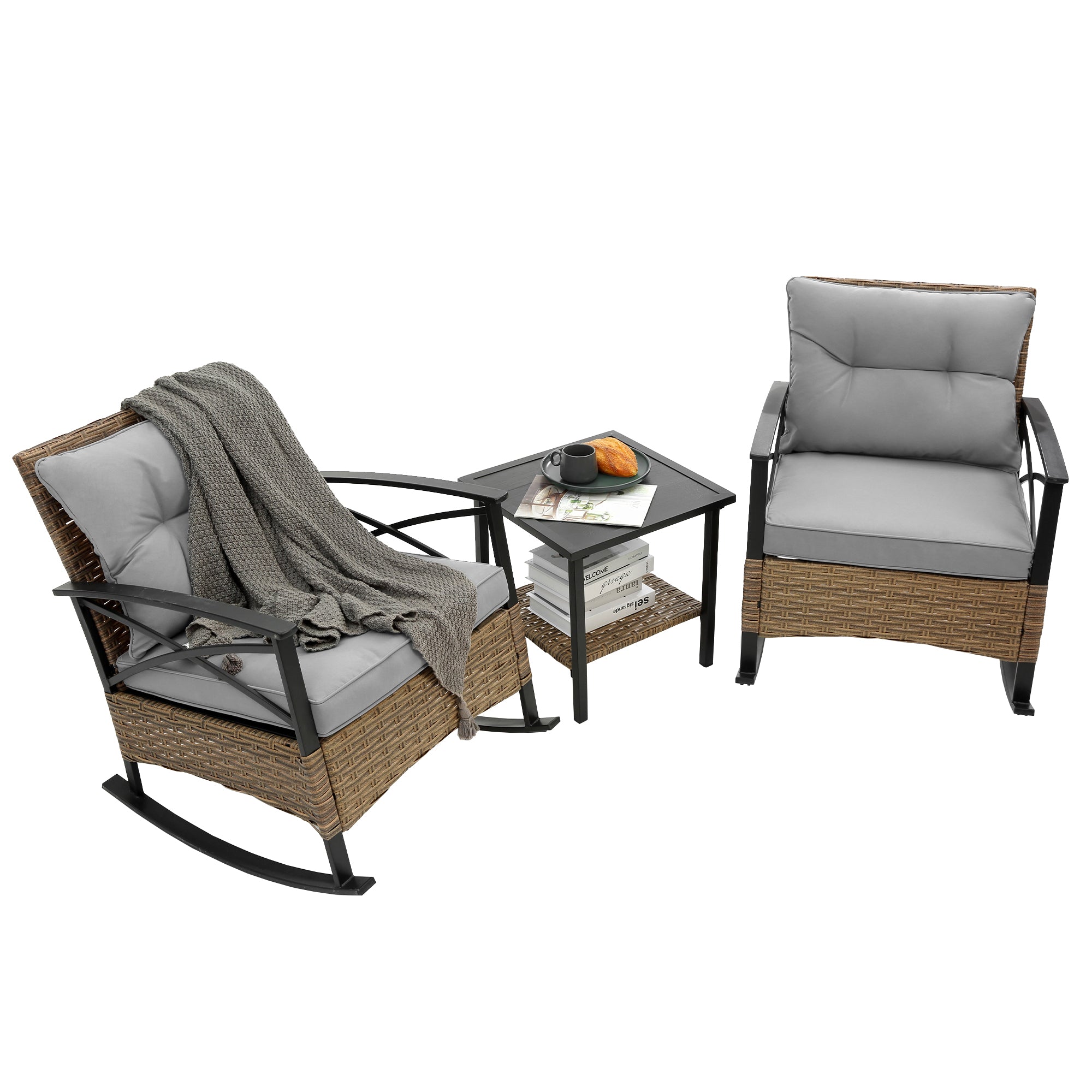 3-Piece Rattan Outdoor Rocking Set Chair BOHFPC01GR