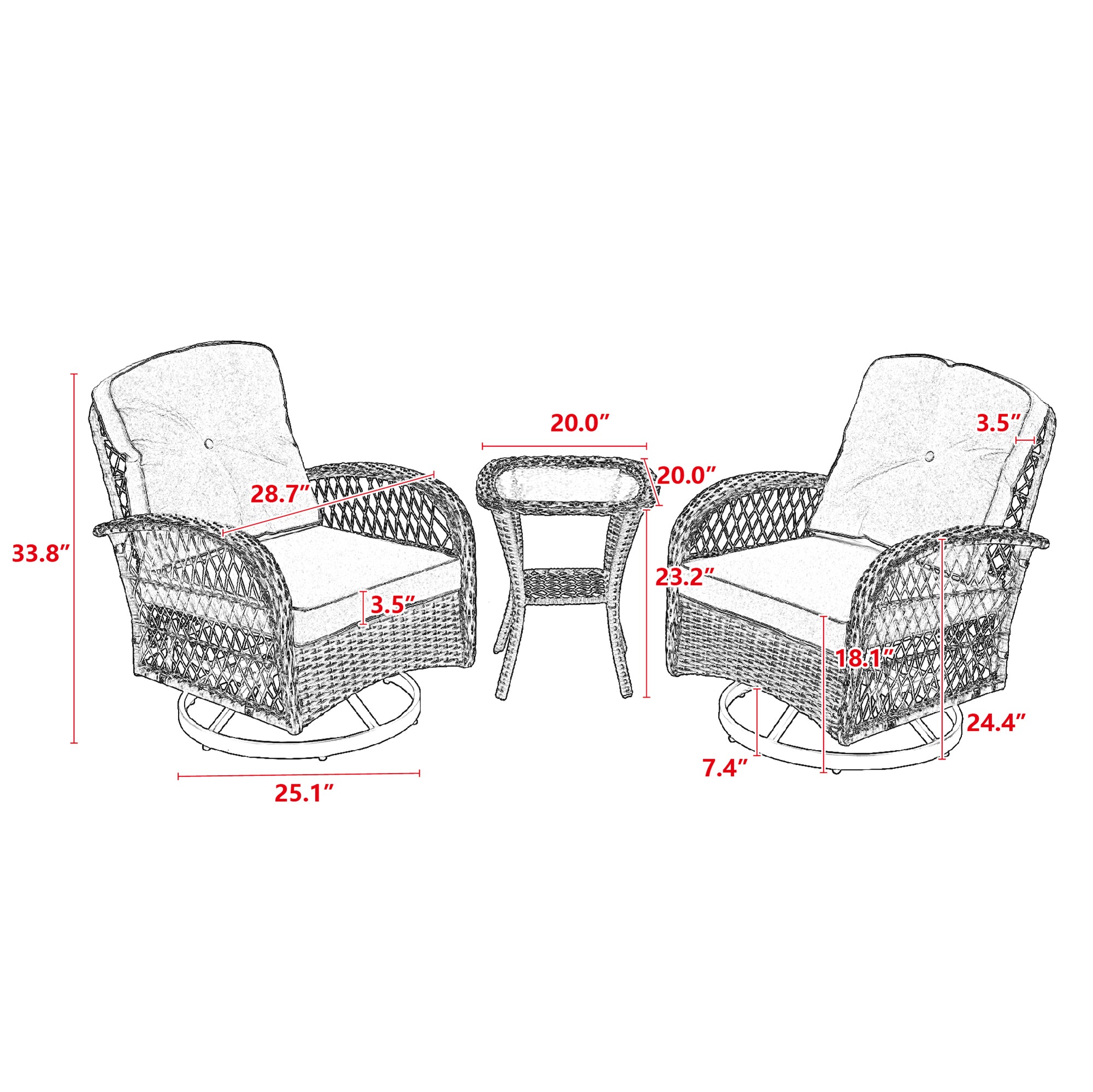 3-Piece Outdoor Rocker Chairs with Thickened Cushions and Glass Coffee Table BOHFPC02BL