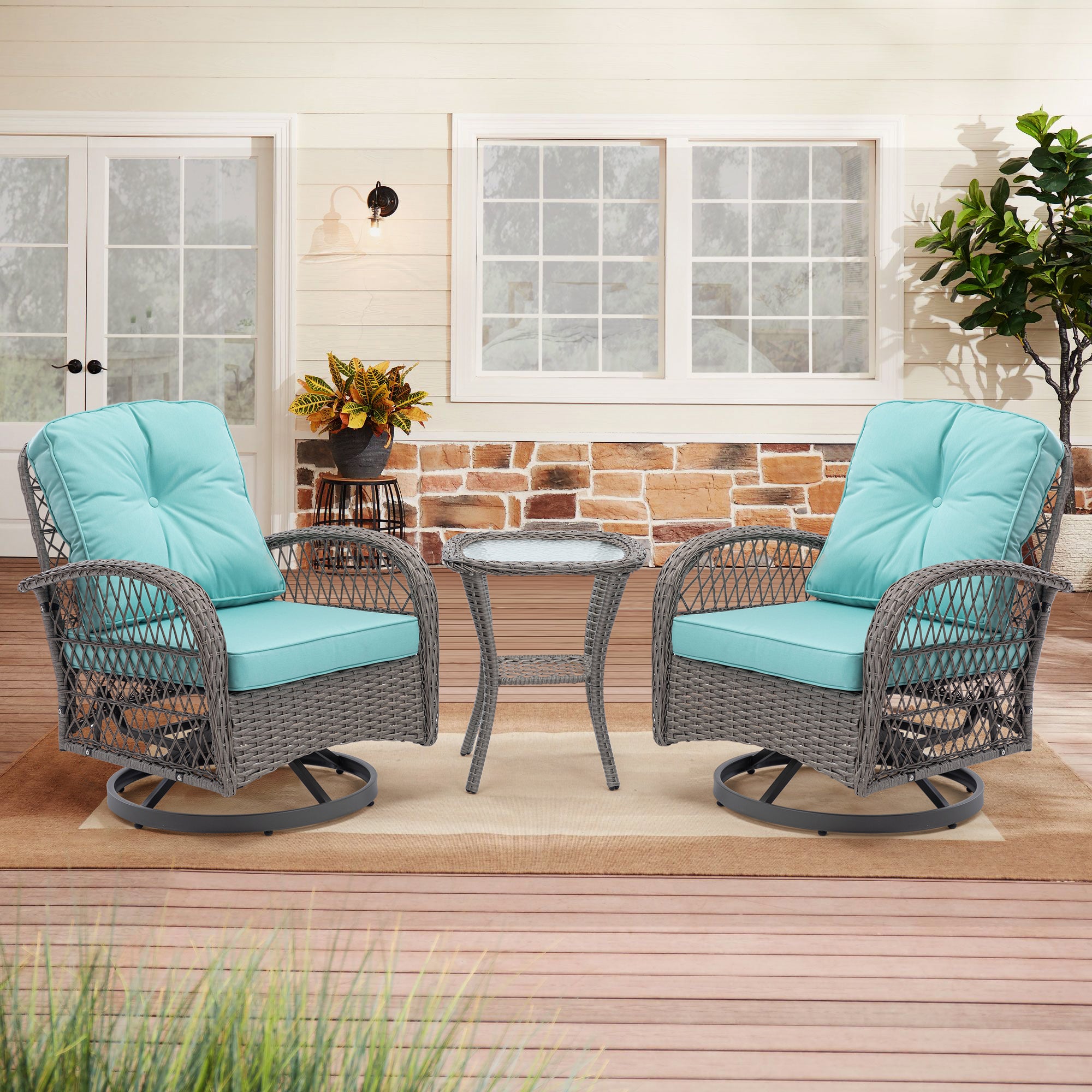 3-Piece Outdoor Rocker Chairs with Thickened Cushions and Glass Coffee Table BOHFPC02BL