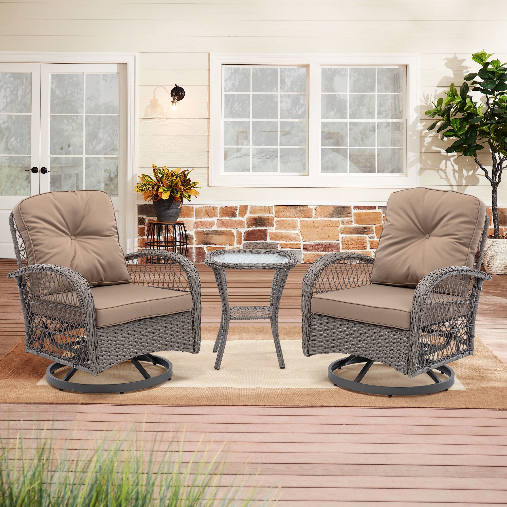 3-Piece Outdoor Rocker Chairs with Thickened Cushions and Glass Coffee Table BOHFPC02KH