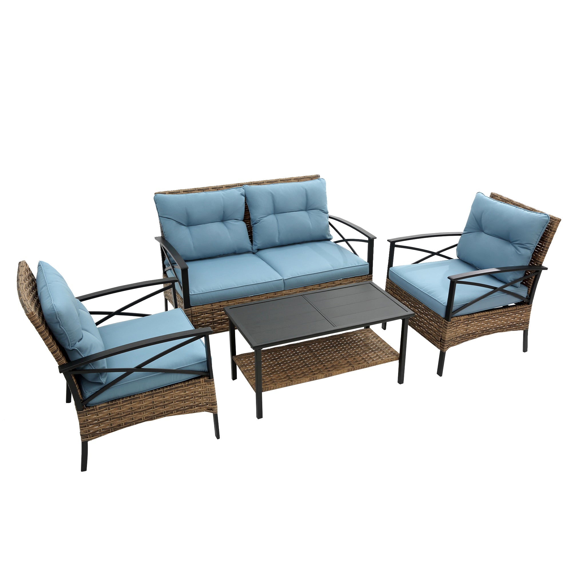 4-Piece Rattan Wicker Outdoor Conversation Set with Cushion BOHFPS01BL