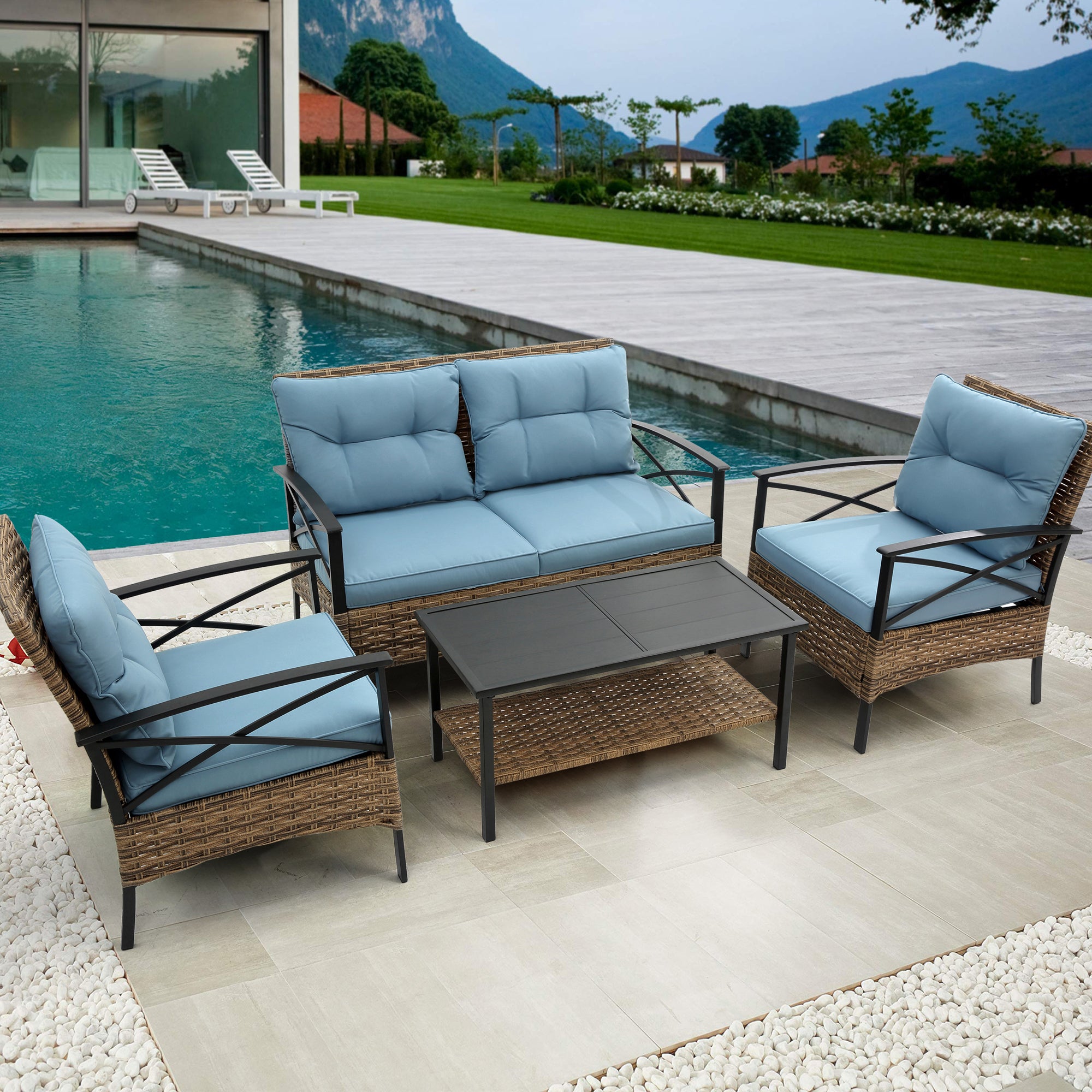 4-Piece Rattan Wicker Outdoor Conversation Set with Cushion BOHFPS01BL