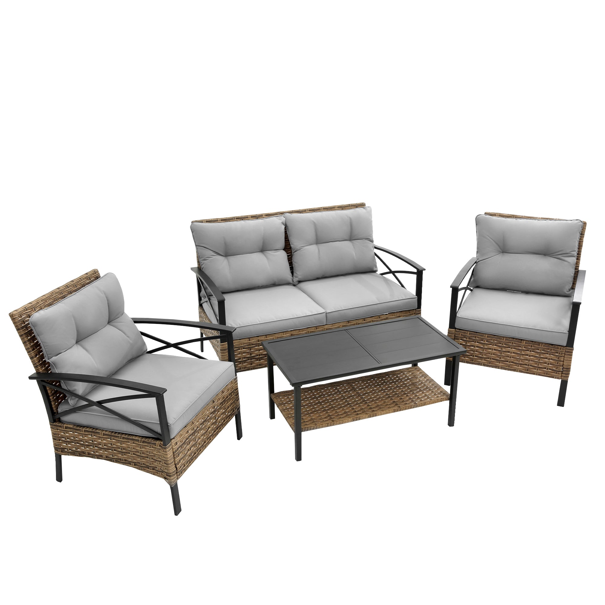 4-Piece Rattan Wicker Outdoor Conversation Set with Cushion BOHFPS01GR