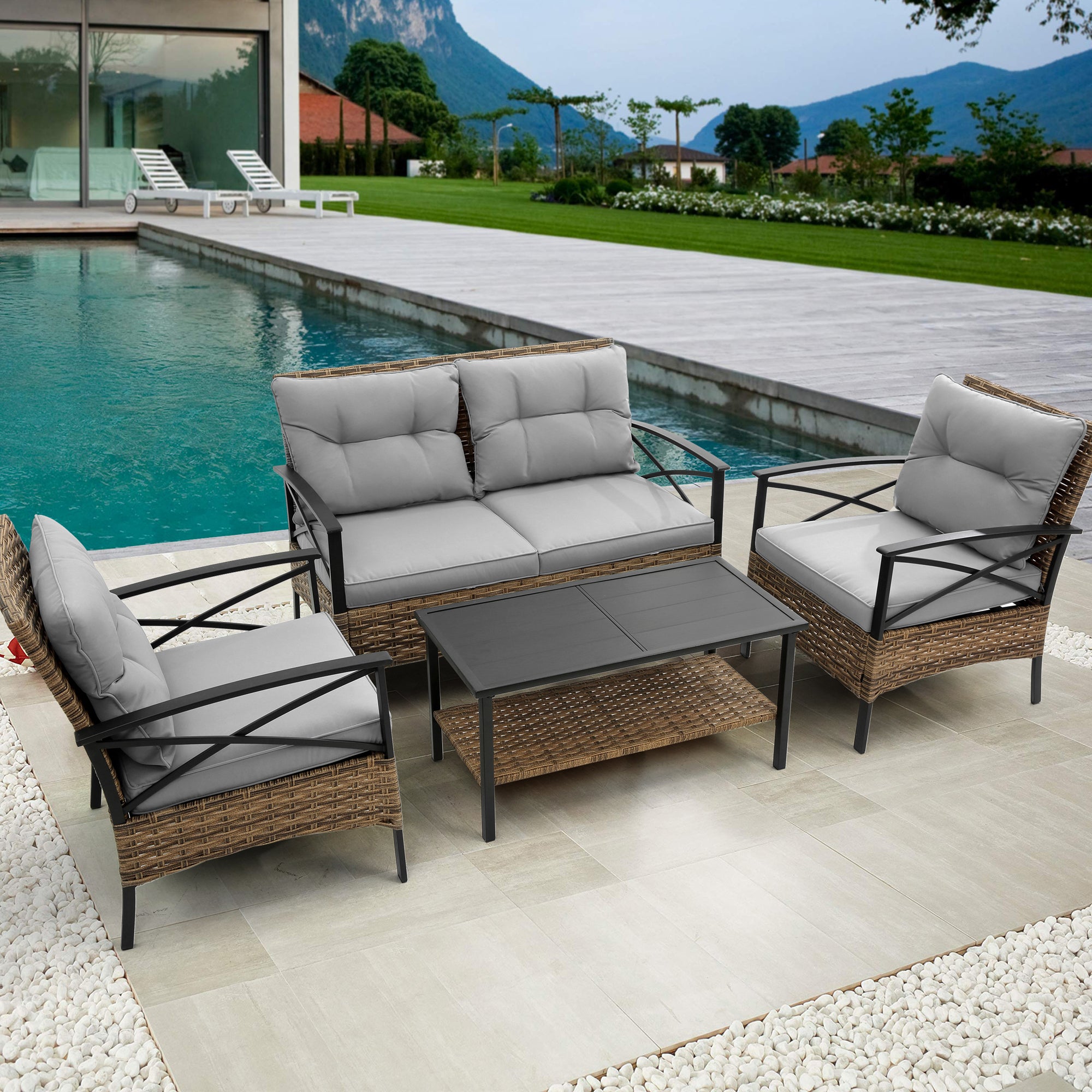 4-Piece Rattan Wicker Outdoor Conversation Set with Cushion BOHFPS01GR