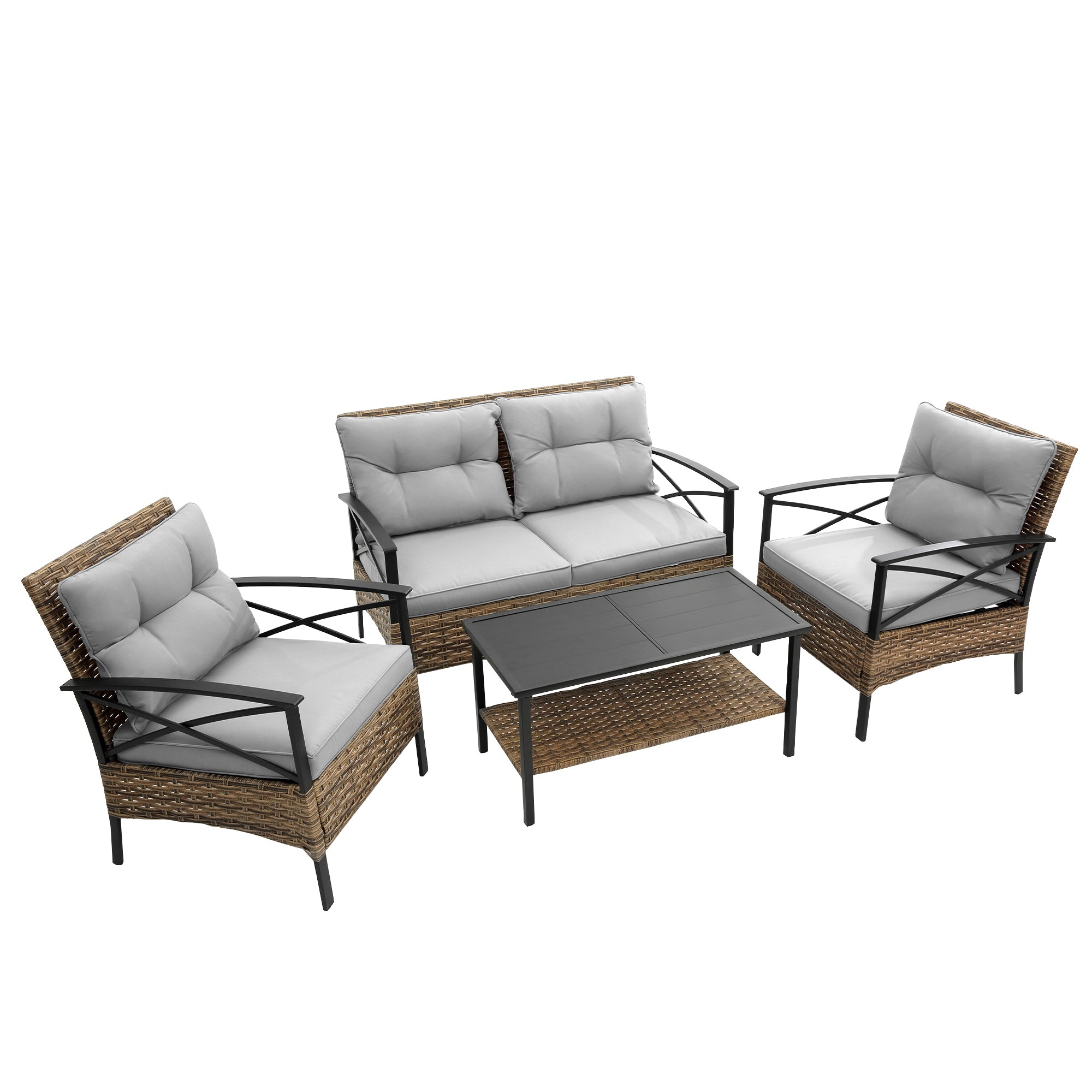4-Piece Rattan Wicker Outdoor Conversation Set with Cushion BOHFPS01GR