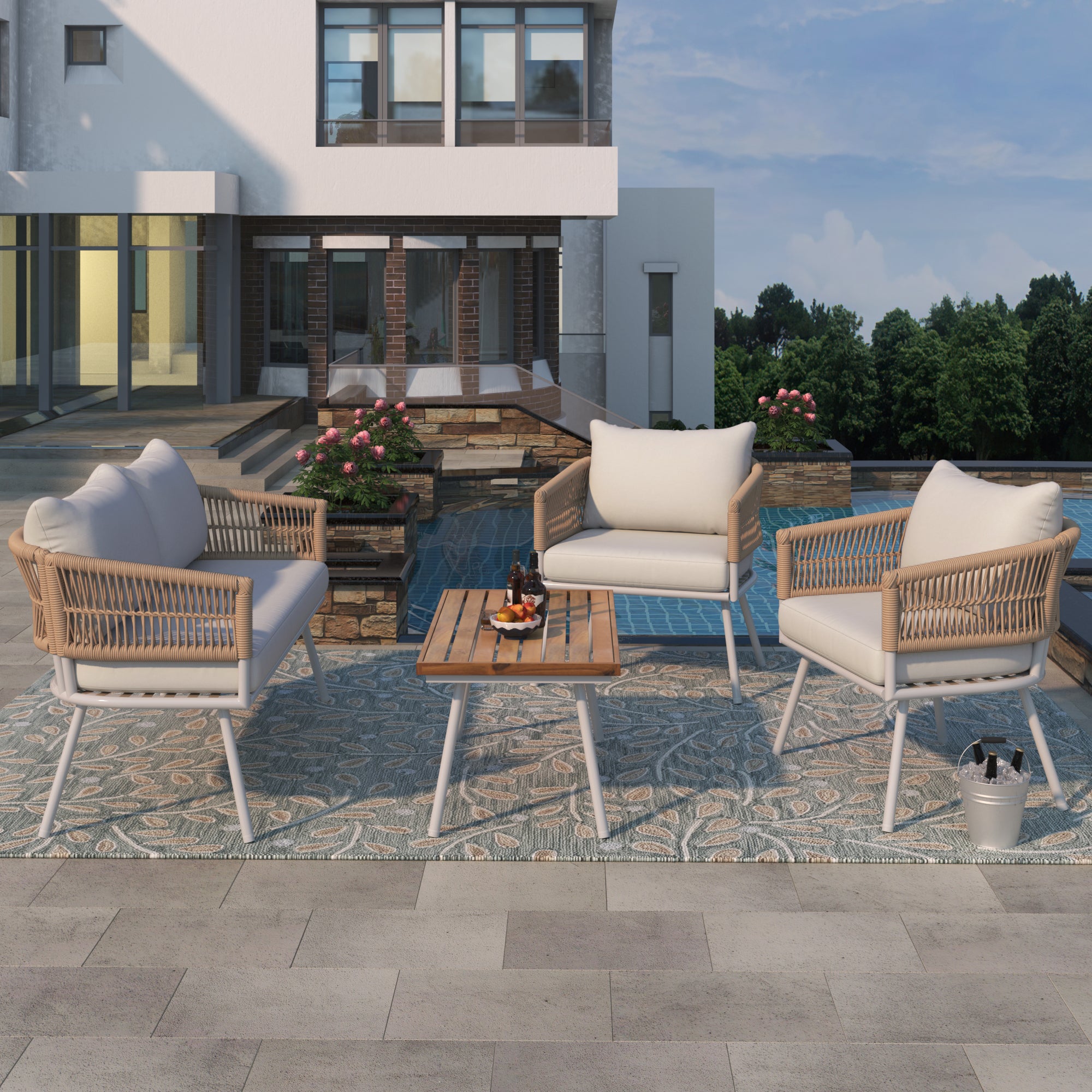 4-Piece Boho Rope Patio Conversation Set with Beige Cushions and Acacia Wood Table